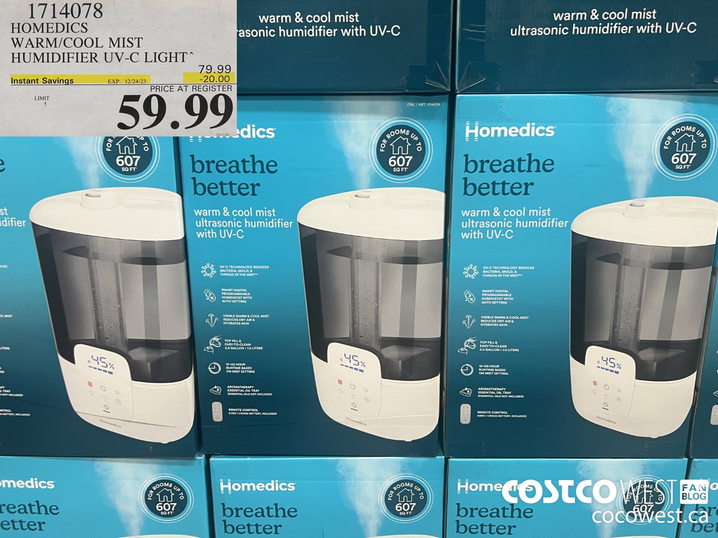 1714078 HOMEDICS WARM/COOL MIST HUMIDIFIER UV-C LIGHT ($20.00 INSTANT SAVINGS EXPIRES ON 2023-12-24) $59.99
