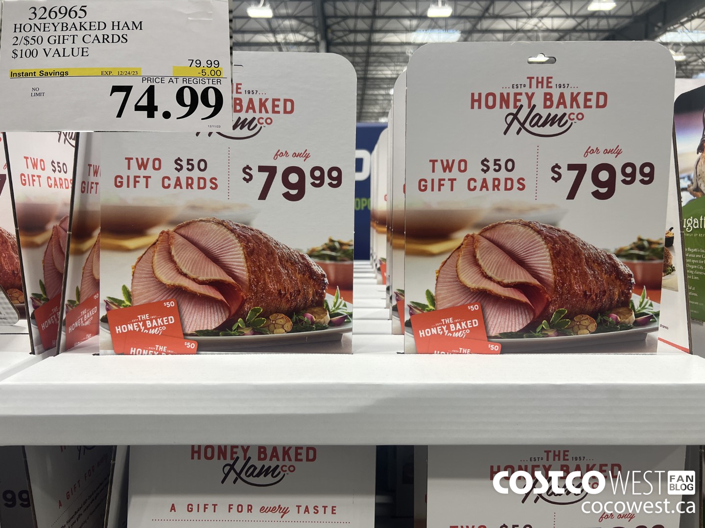 326965 HONEYBAKED HAM 2/$50 GIFT CARDS $100 VALUE ($5.00 INSTANT SAVINGS EXPIRES ON 2023-12-24) $74.99