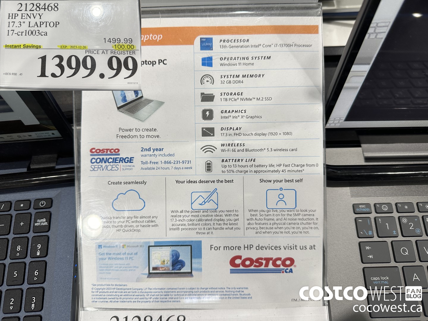 2128468 HP ENVY 17.3IN LAPTOP COMPUTER 17-CR1003CA ($100.00 INSTANT SAVINGS EXPIRES ON 2023-12-26) $1399.99