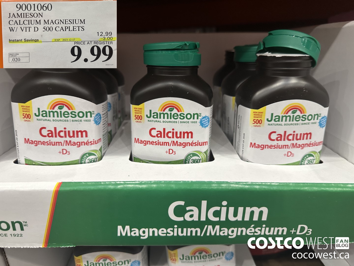 9001060 JAMIESON CALCIUM MAGNESIUM W/ VIT D 500 CAPLETS ($3.00 INSTANT SAVINGS EXPIRES ON 2023-12-17) $9.99