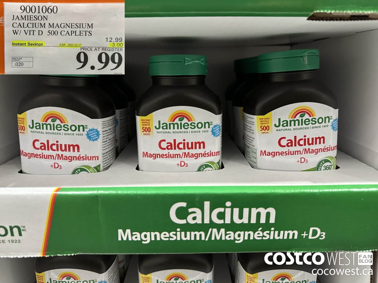 9001060 JAMIESON CALCIUM MAGNESIUM W/ VIT D 500 CAPLETS ($3.00 INSTANT SAVINGS EXPIRES ON 2023-12-17) $9.99