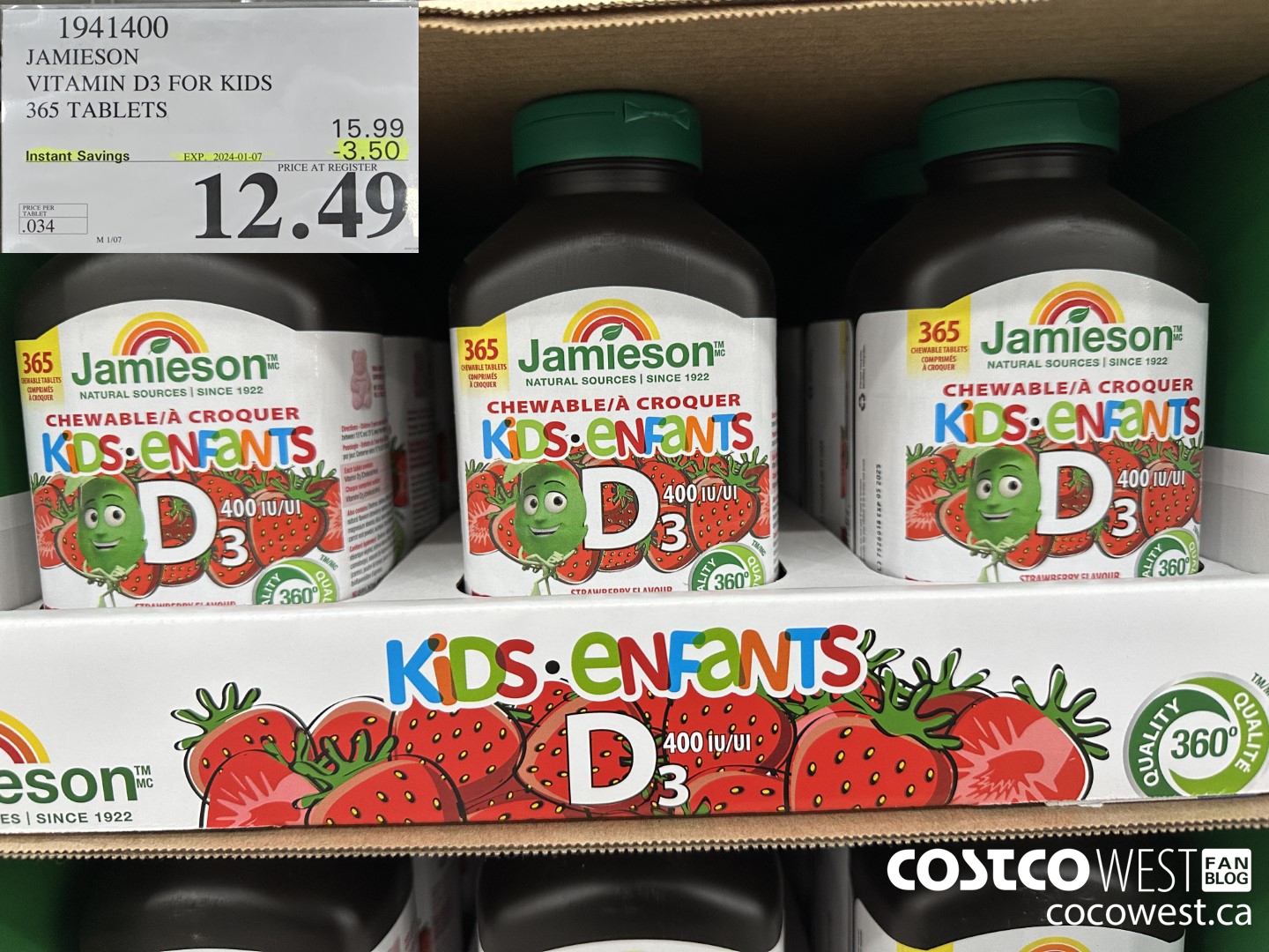 1941400 JAMIESON VITAMIN D3 FOR KIDS 365 TABLETS ($3.50 INSTANT SAVINGS EXPIRES ON 2024-01-07) $12.49