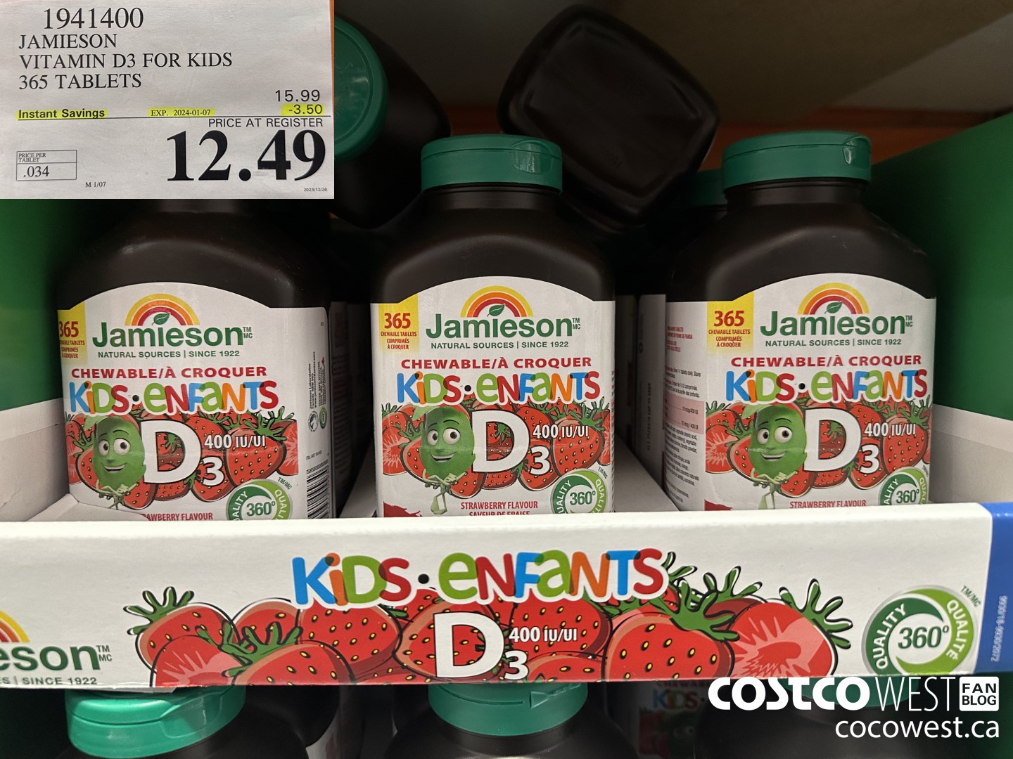 1941400 JAMIESON VITAMIN D3 FOR KIDS 365 TABLETS ($3.50 INSTANT SAVINGS EXPIRES ON 2024-01-07) $12.49