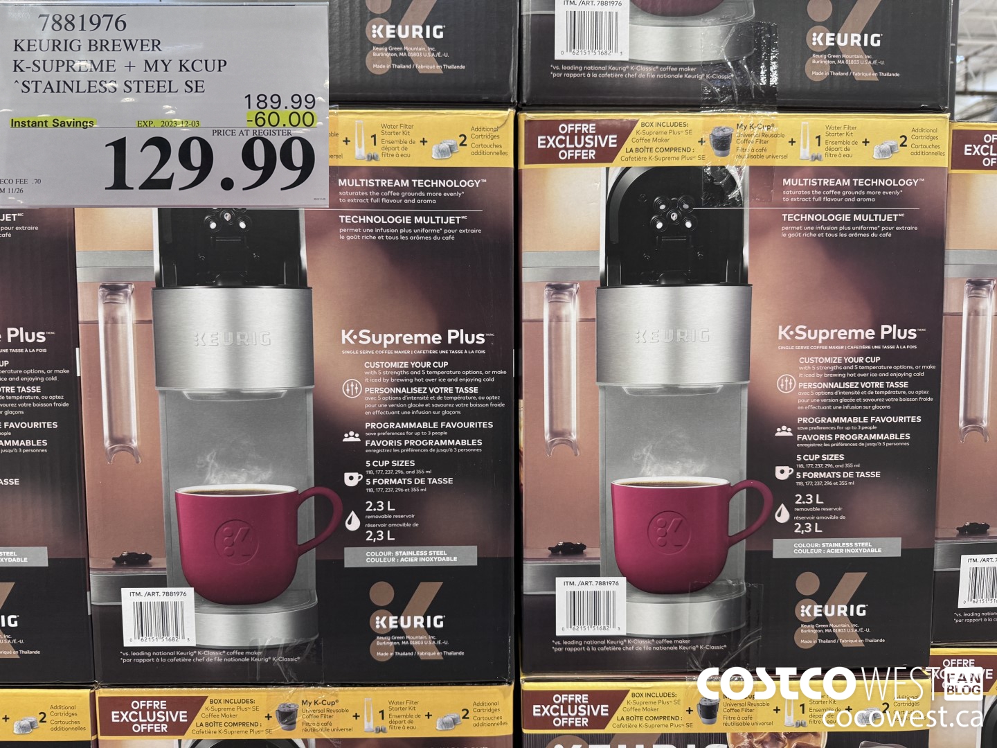 7881976 KEURIG BREWER K-SUPREME + MY KCUP STAINLESS STEEL SE ($60.00 INSTANT SAVINGS EXPIRES ON 2023-12-03) $129.99