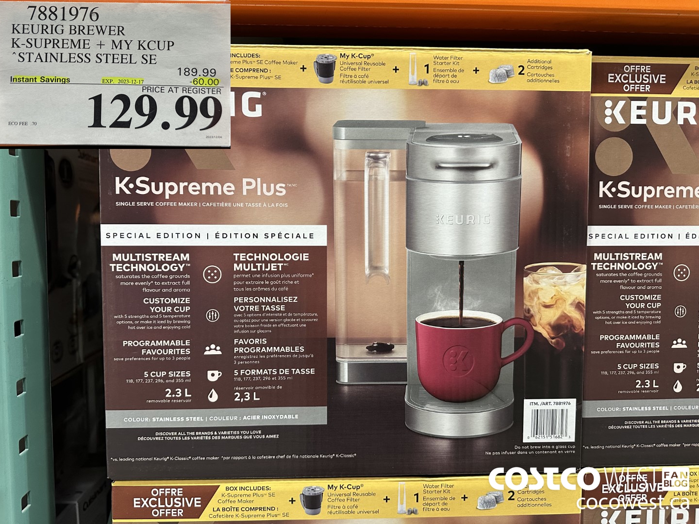 7881976 KEURIG BREWER K-SUPREME + MY KCUP STAINLESS STEEL SE ($60.00 INSTANT SAVINGS EXPIRES ON 2023-12-17) $129.99