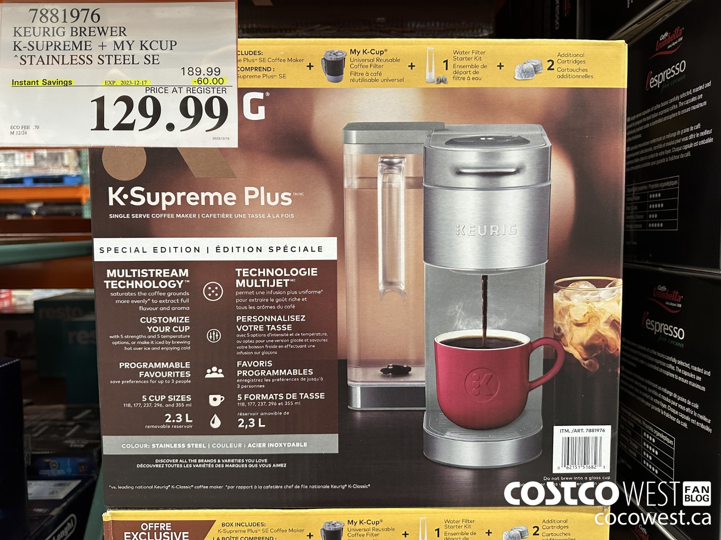 7881976 KEURIG BREWER K-SUPREME + MY KCUP STAINLESS STEEL SE ($60.00 INSTANT SAVINGS EXPIRES ON 2023-12-17) $129.99
