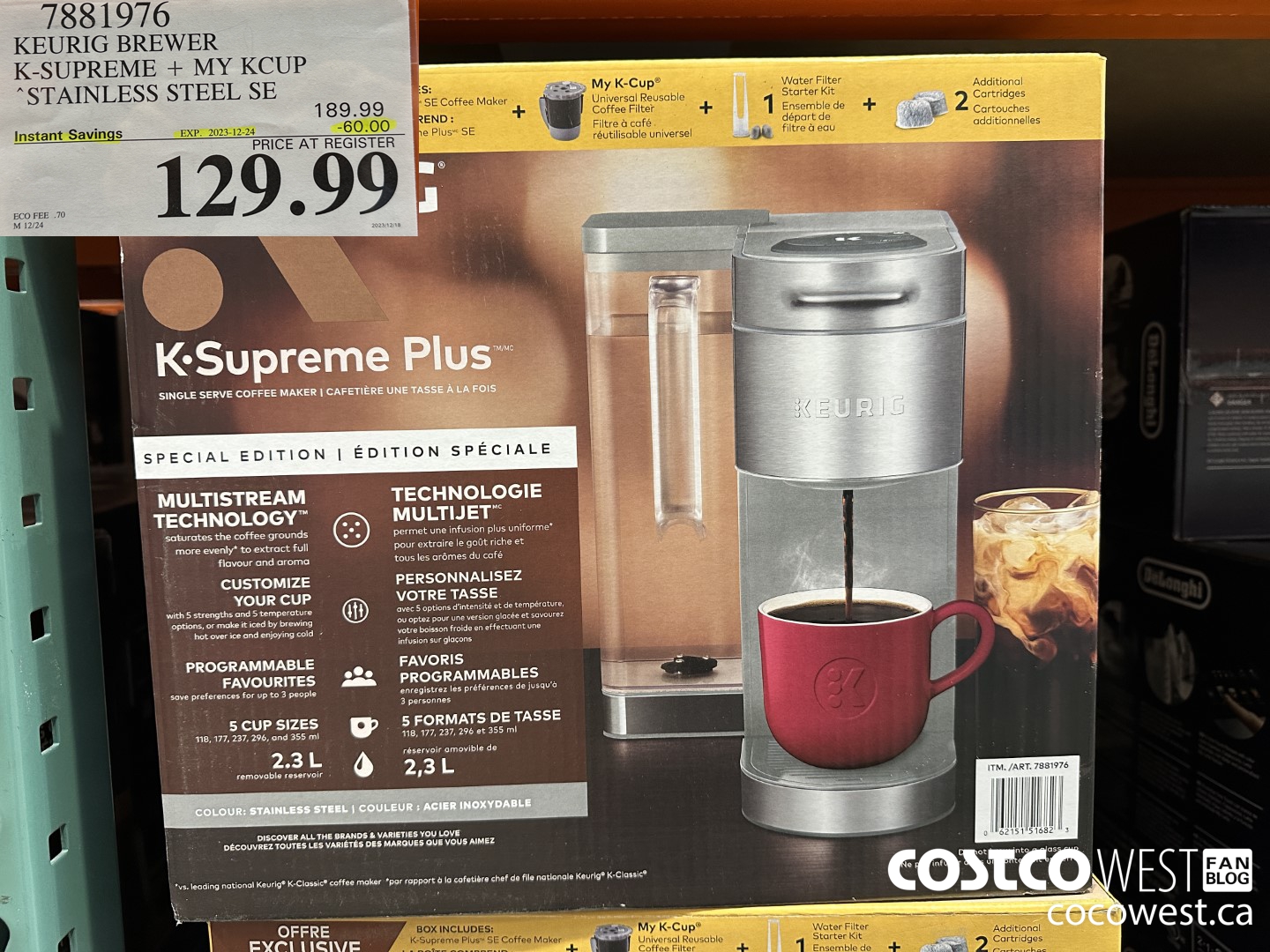 7881976 KEURIG BREWER K-SUPREME + MY KCUP STAINLESS STEEL SE ($60.00 INSTANT SAVINGS EXPIRES ON 2023-12-24) $129.99