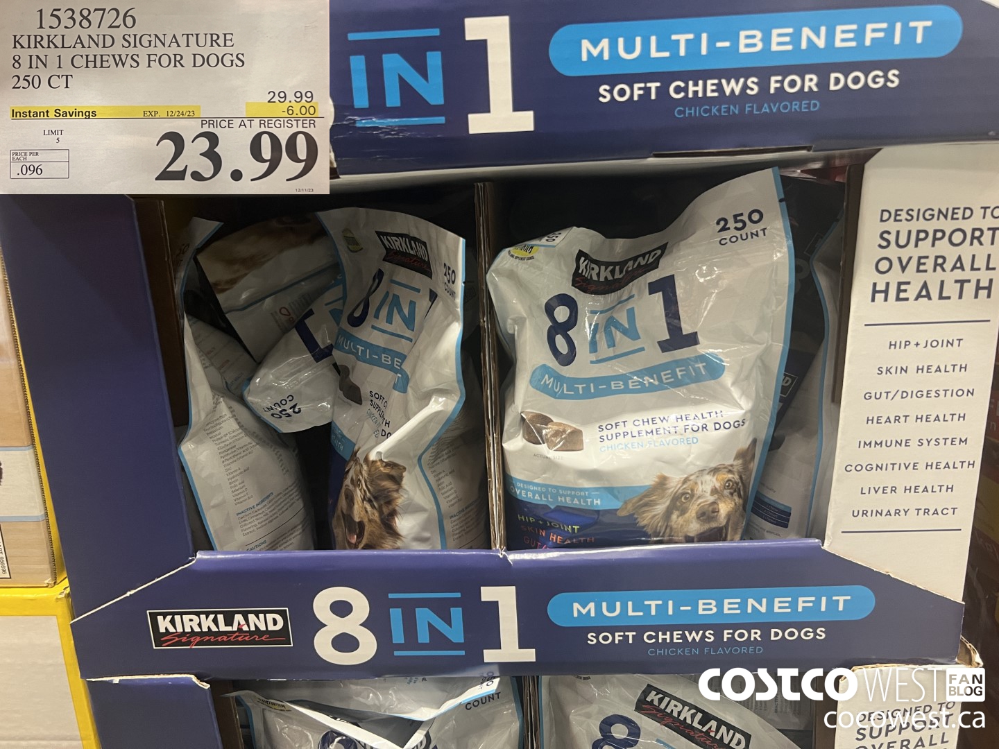 1538726 KIRKLAND SIGNATURE 8 IN 1 CHEWS FOR DOGS 250 CT ($6.00 INSTANT SAVINGS EXPIRES ON 2023-12-24) $23.99