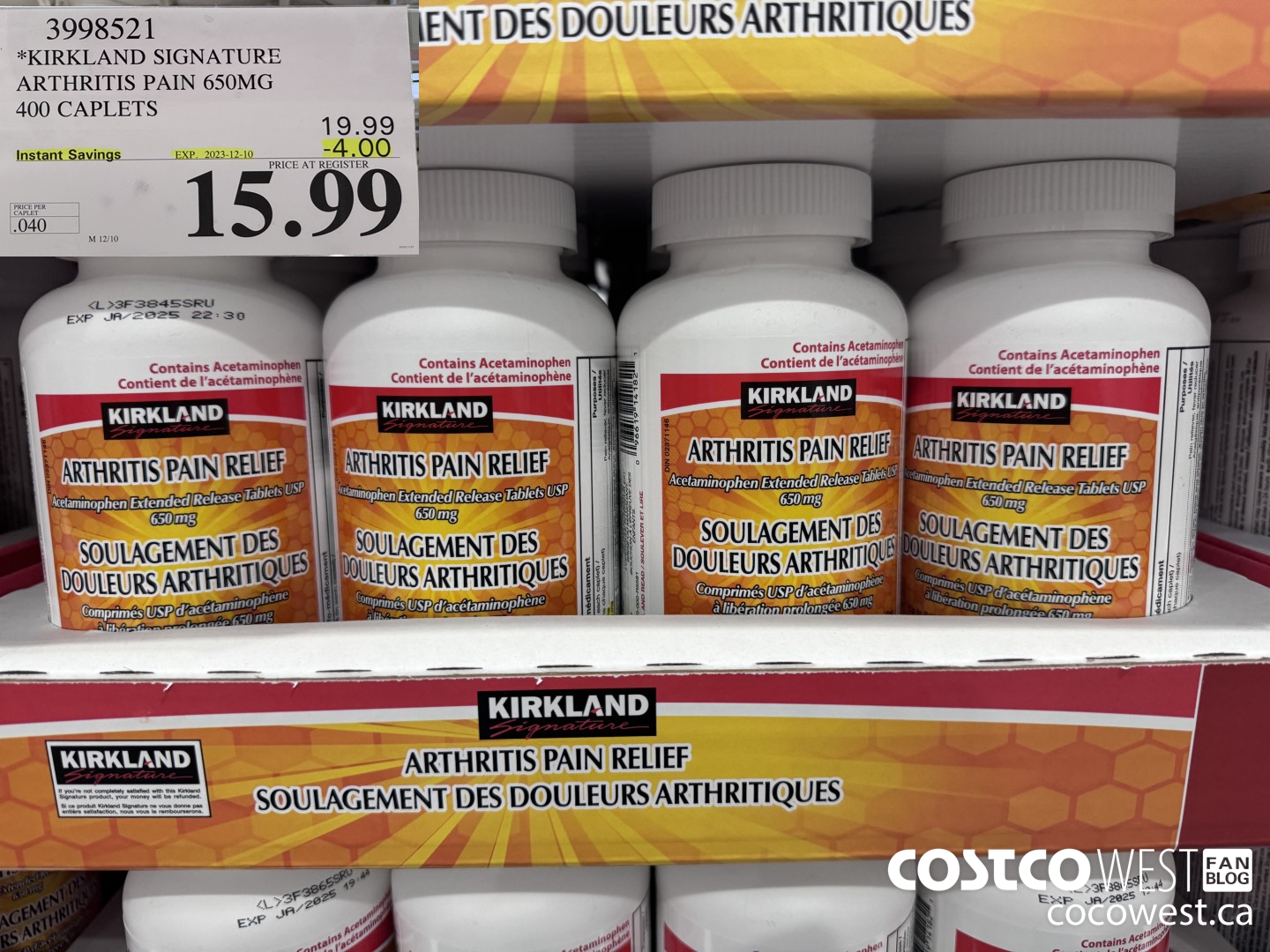 3998521 KIRKLAND SIGNATURE ARTHRITIS PAIN 650MG 400 CAPLETS ($4.00 INSTANT SAVINGS EXPIRES ON 2023-12-10) $15.99