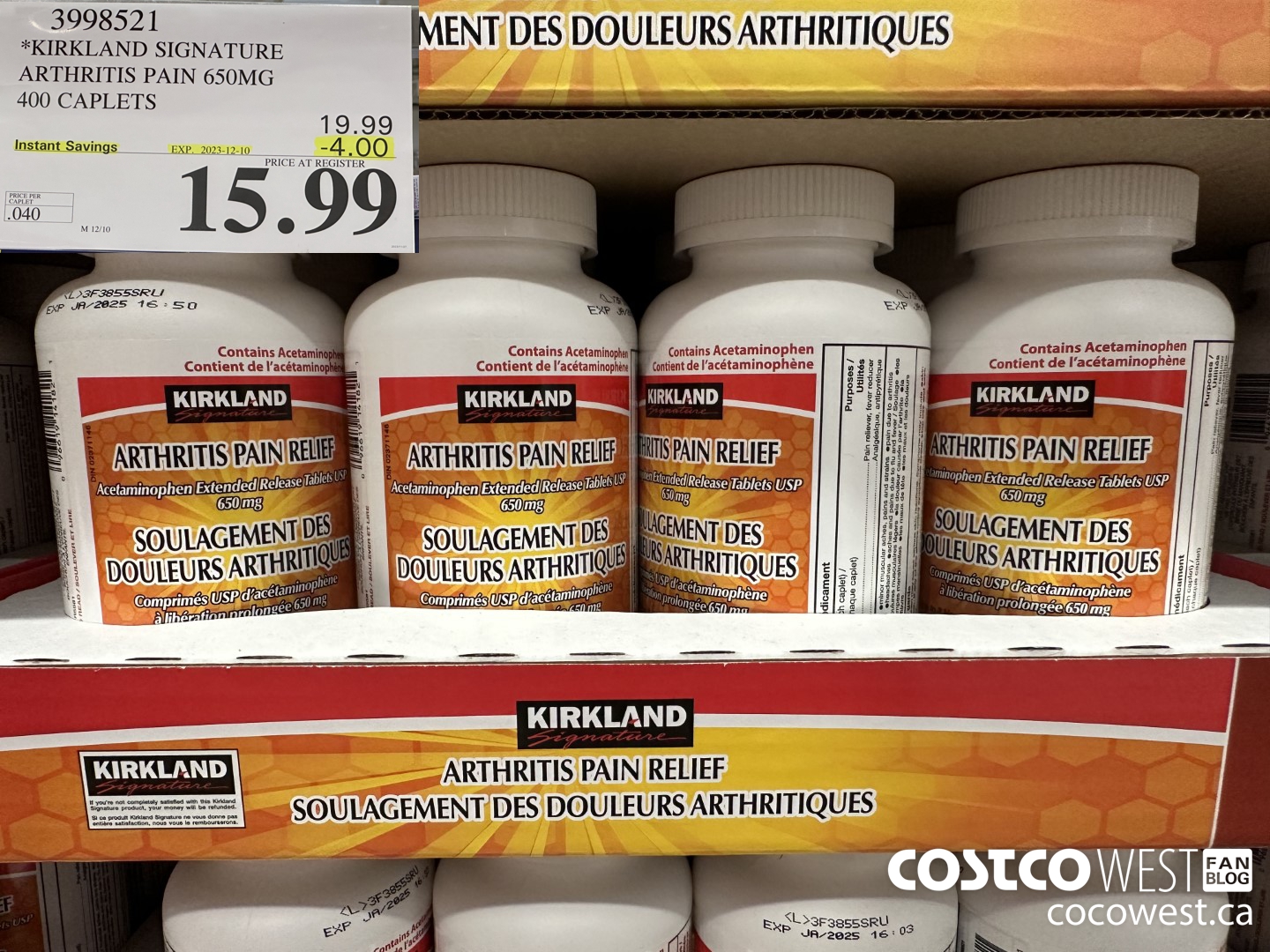 3998521 KIRKLAND SIGNATURE ARTHRITIS PAIN 650MG 400 CAPLETS ($4.00 INSTANT SAVINGS EXPIRES ON 2023-12-10) $15.99