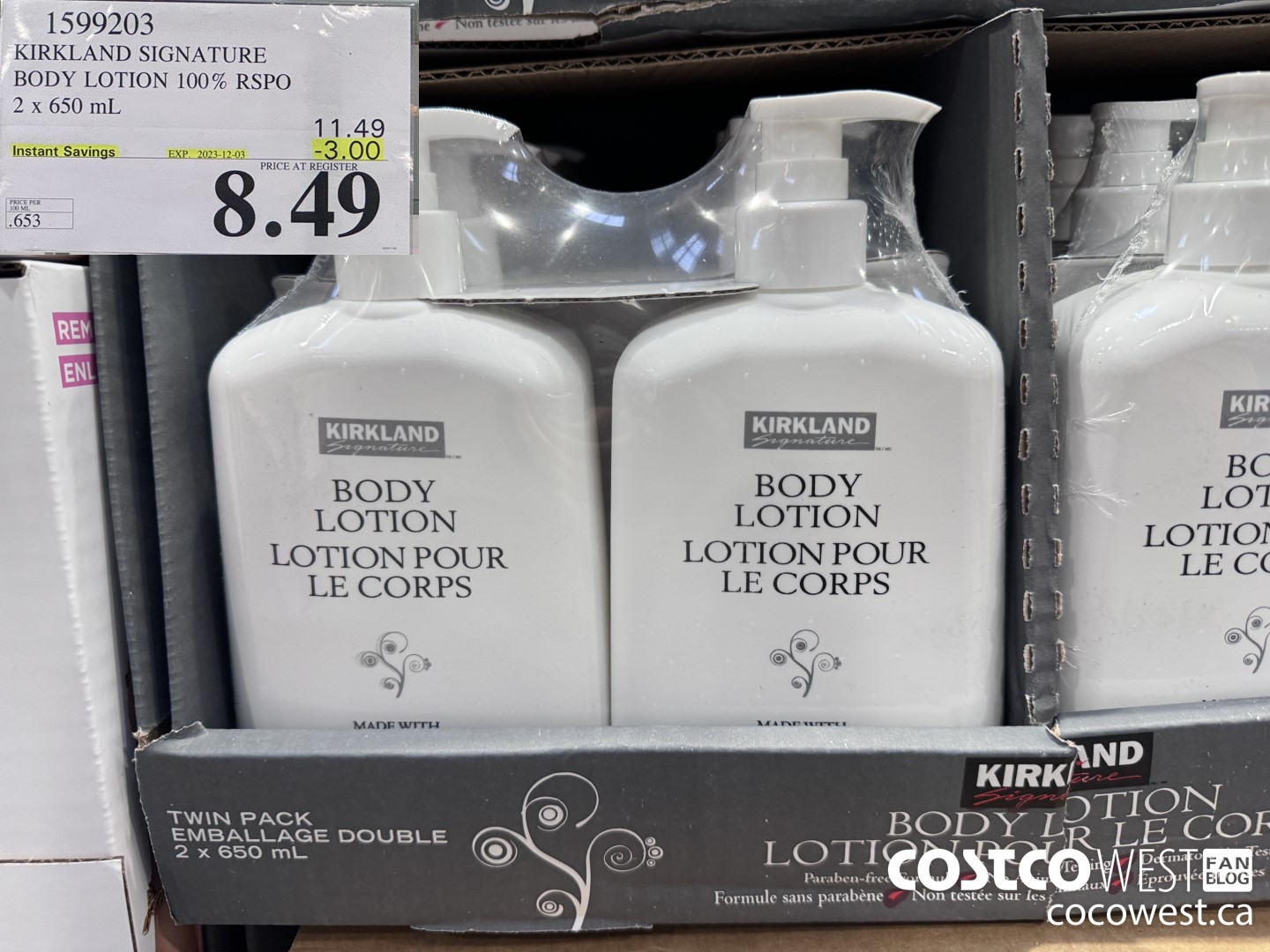 1599203 KIRKLAND SIGNATURE BODY LOTION 100% RSPO 2 X 650 ML ($3.00 INSTANT SAVINGS EXPIRES ON 2023-12-03) $8.49