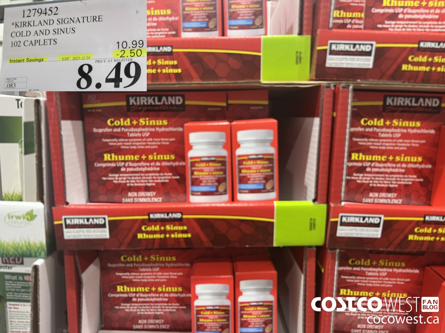 1279452 KIRKLAND SIGNATURE COLD AND SINUS 102 CAPLETS ($2.50 INSTANT SAVINGS EXPIRES ON 2023-12-24) $8.49