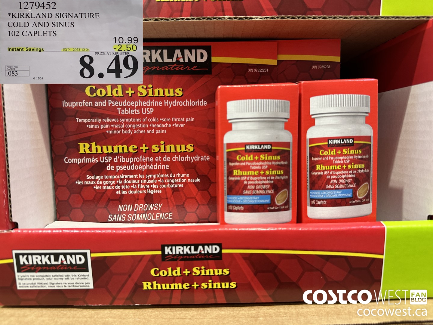 1279452 KIRKLAND SIGNATURE COLD AND SINUS 102 CAPLETS ($2.50 INSTANT SAVINGS EXPIRES ON 2023-12-24) $8.49