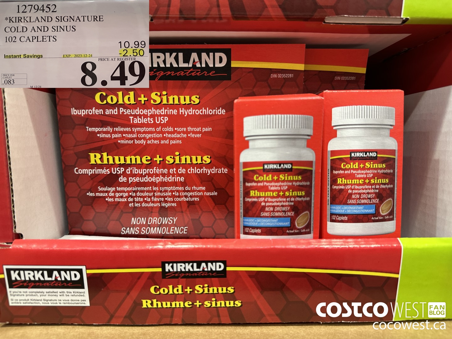 1279452 KIRKLAND SIGNATURE COLD AND SINUS 102 CAPLETS ($2.50 INSTANT SAVINGS EXPIRES ON 2023-12-24) $8.49