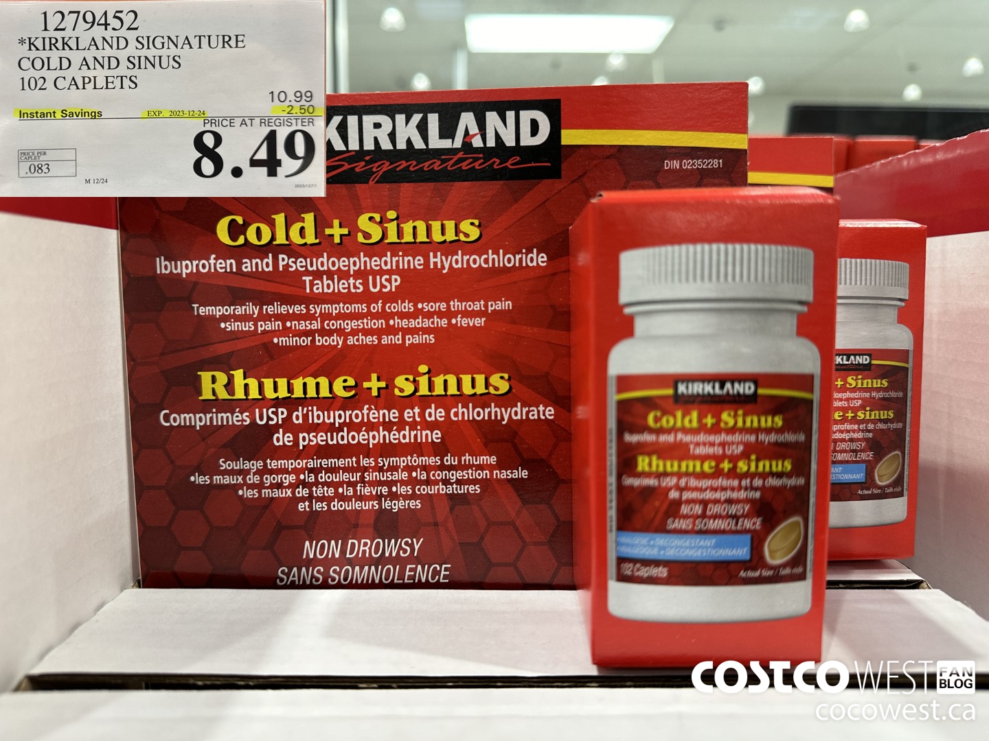1279452 KIRKLAND SIGNATURE COLD AND SINUS 102 CAPLETS ($2.50 INSTANT SAVINGS EXPIRES ON 2023-12-24) $8.49