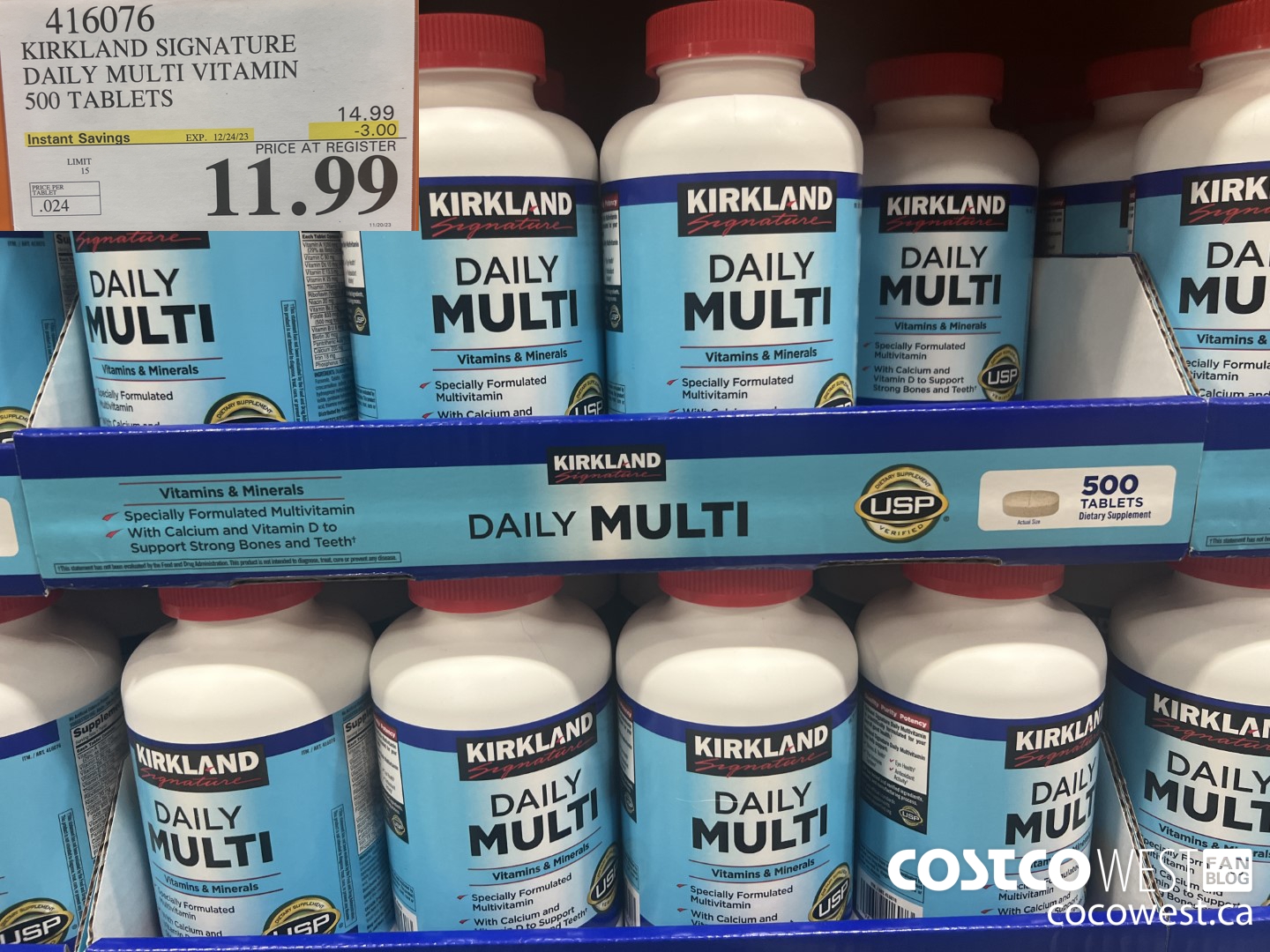 416076 KIRKLAND SIGNATURE DAILY MULTI VITAMIN 500 TABLETS ($3.00 INSTANT SAVINGS EXPIRES ON 2023-12-24) $11.99