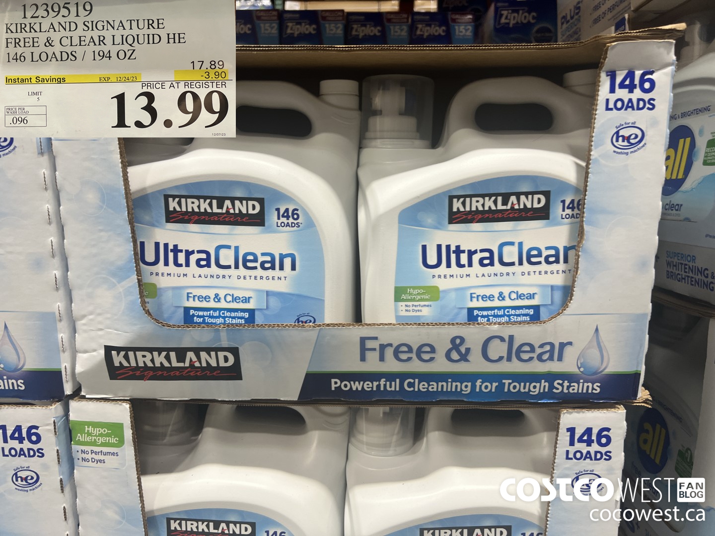 1239519 KIRKLAND SIGNATURE FREE & CLEAR LIQUID HE 146 LOADS / 194 OZ ($3.90 INSTANT SAVINGS EXPIRES ON 2023-12-24) $13.99