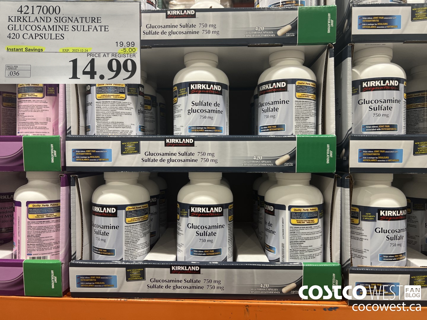 4217000 KIRKLAND SIGNATURE GLUCOSAMINE SULFATE 420 CAPSULES ($5.00 INSTANT SAVINGS EXPIRES ON 2023-12-24) $19.99