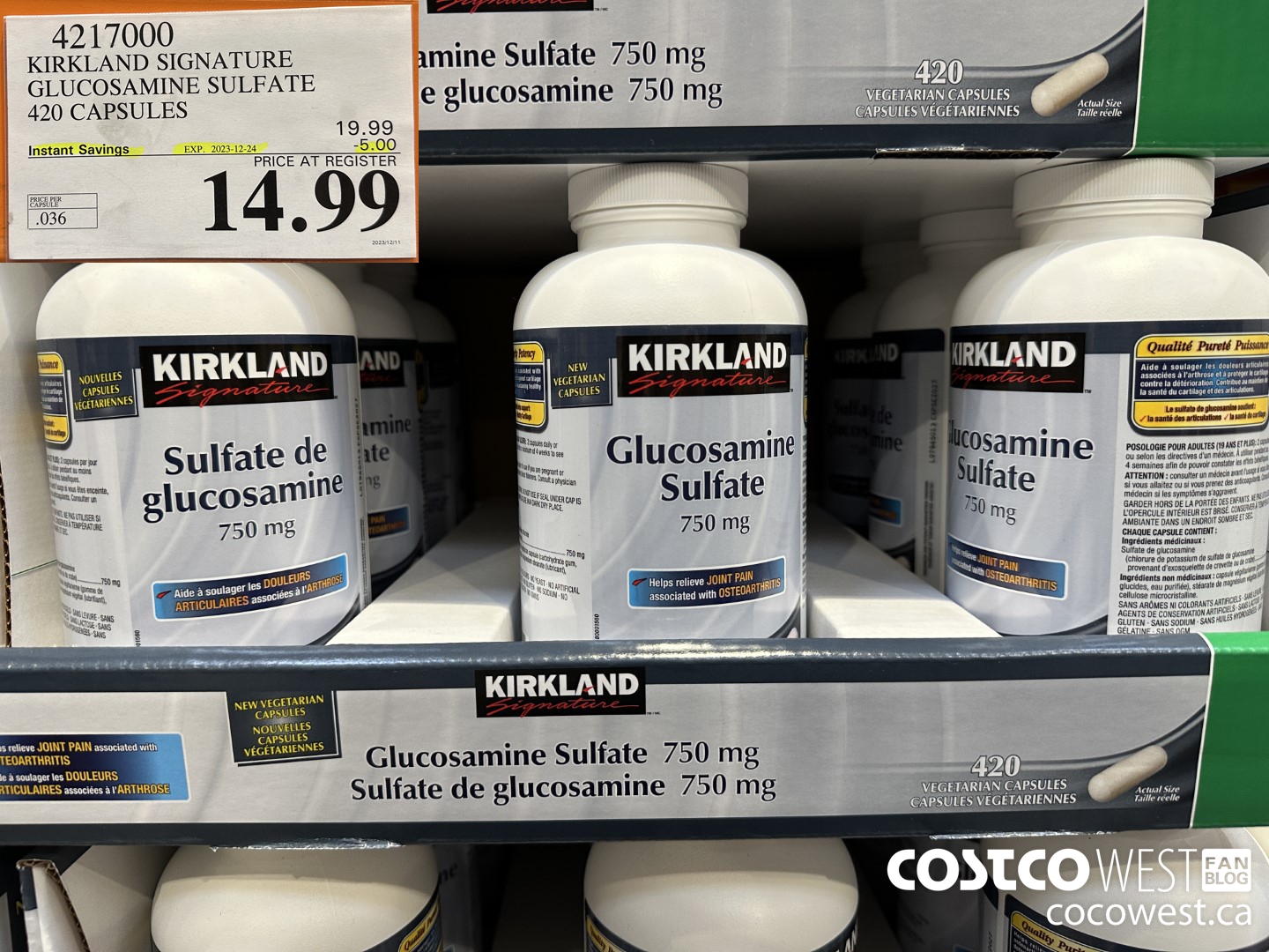 4217000 KIRKLAND SIGNATURE GLUCOSAMINE SULFATE 420 CAPSULES ($5.00 INSTANT SAVINGS EXPIRES ON 2023-12-24) $19.99
