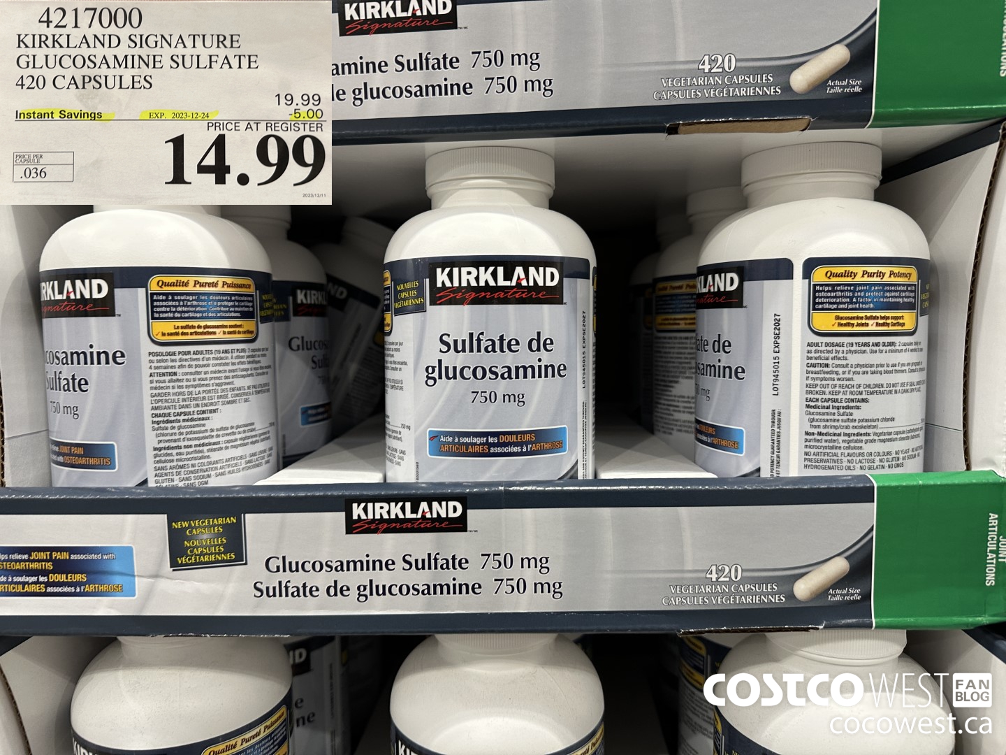 4217000 KIRKLAND SIGNATURE GLUCOSAMINE SULFATE 420 CAPSULES ($5.00 INSTANT SAVINGS EXPIRES ON 2023-12-24) $19.99
