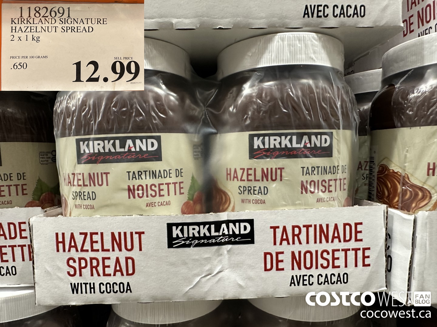 1182691 KIRKLAND SIGNATURE HAZELNUT SPREAD 2 x 1 kg  $12.99