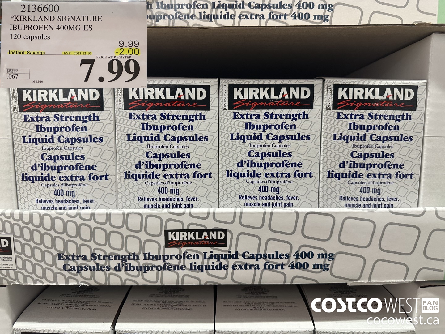 2136600 KIRKLAND SIGNATURE IBUPROFEN 400MG ES 120 CAPSULES ($2.00 INSTANT SAVINGS EXPIRES ON 2023-12-10) $7.99
