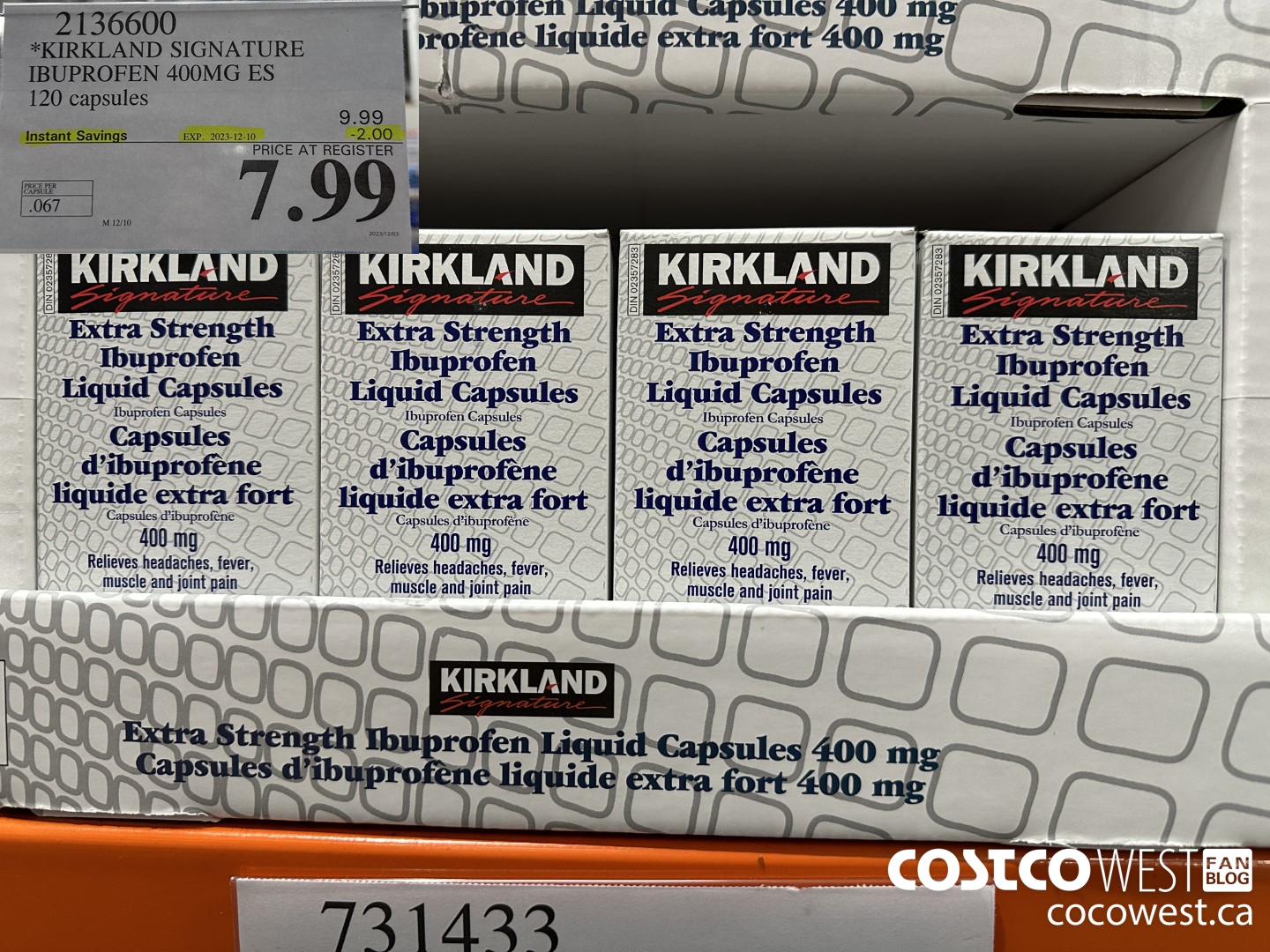 2136600 KIRKLAND SIGNATURE IBUPROFEN 400MG ES 120 CAPSULES ($2.00 INSTANT SAVINGS EXPIRES ON 2023-12-10) $7.99