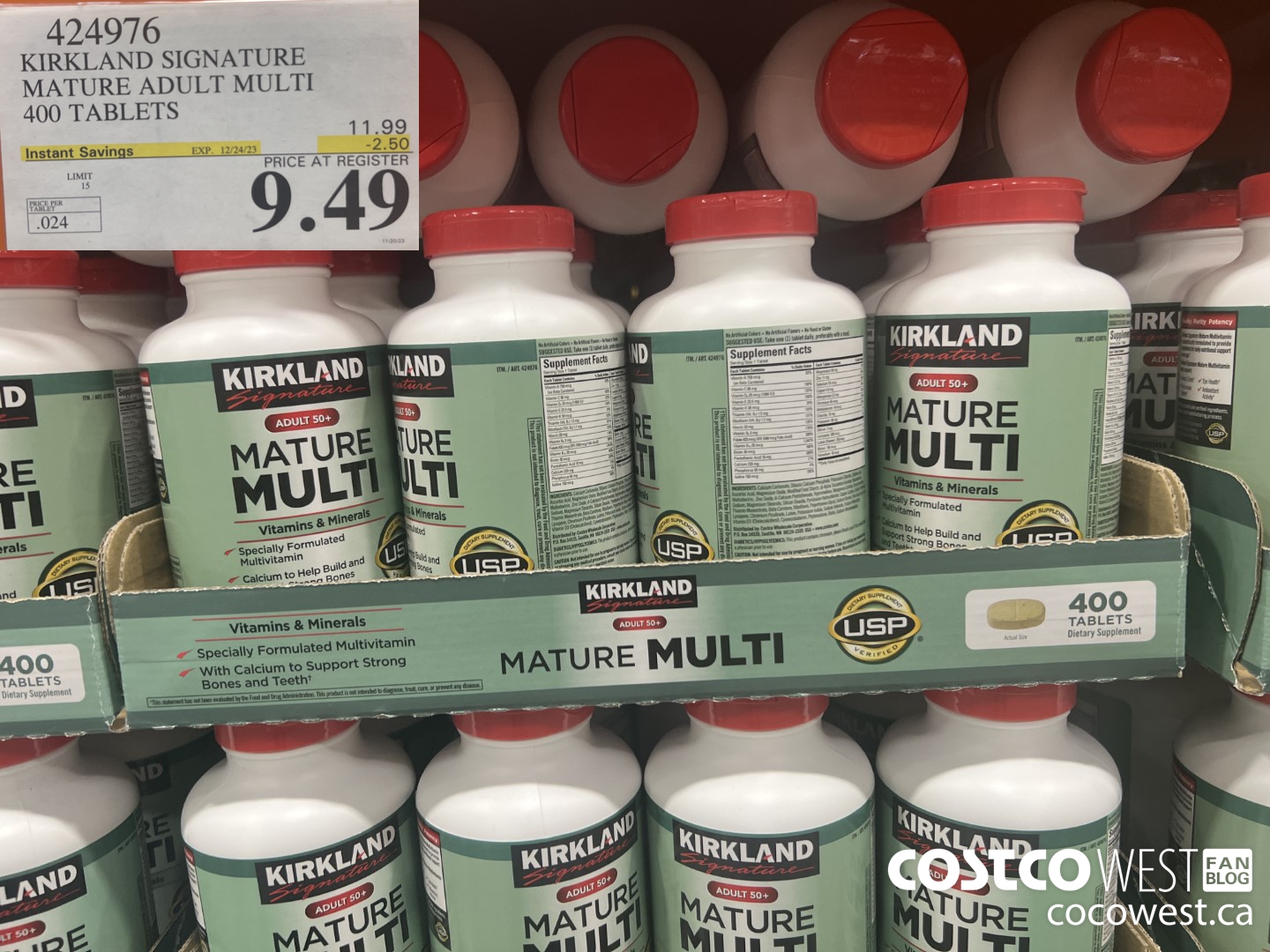 424976 KIRKLAND SIGNATURE MATURE ADULT MULTI 400 TABLETS ($2.50 INSTANT SAVINGS EXPIRES ON 2023-12-24) $9.49