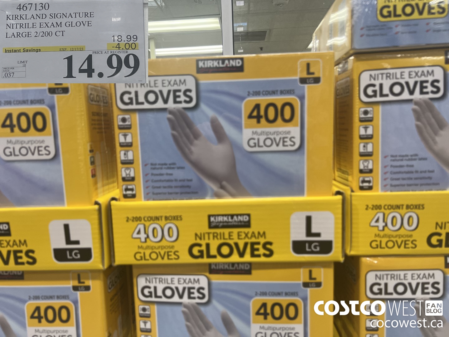 467130 KIRKLAND SIGNATURE NITRILE EXAM GLOVE LARGE 2/200 CT ($4.00 INSTANT SAVINGS EXPIRES ON 2023-12-17) $14.99