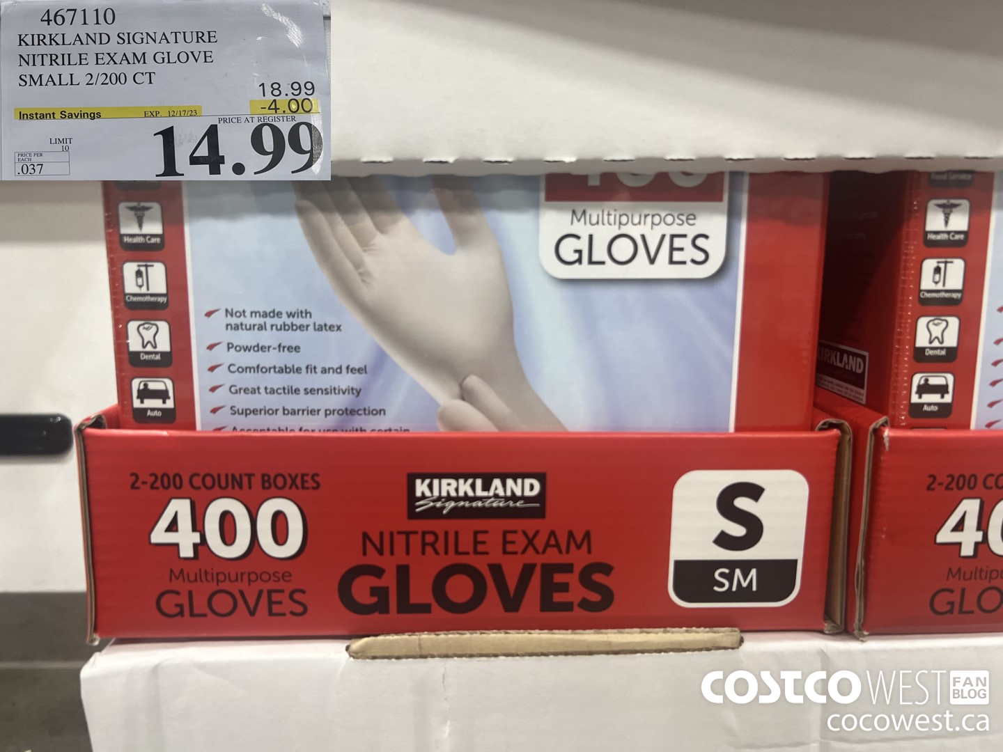 467110 KIRKLAND SIGNATURE NITRILE EXAM GLOVE SMALL 2/200 CT ($4.00 INSTANT SAVINGS EXPIRES ON 2023-12-17) $14.99