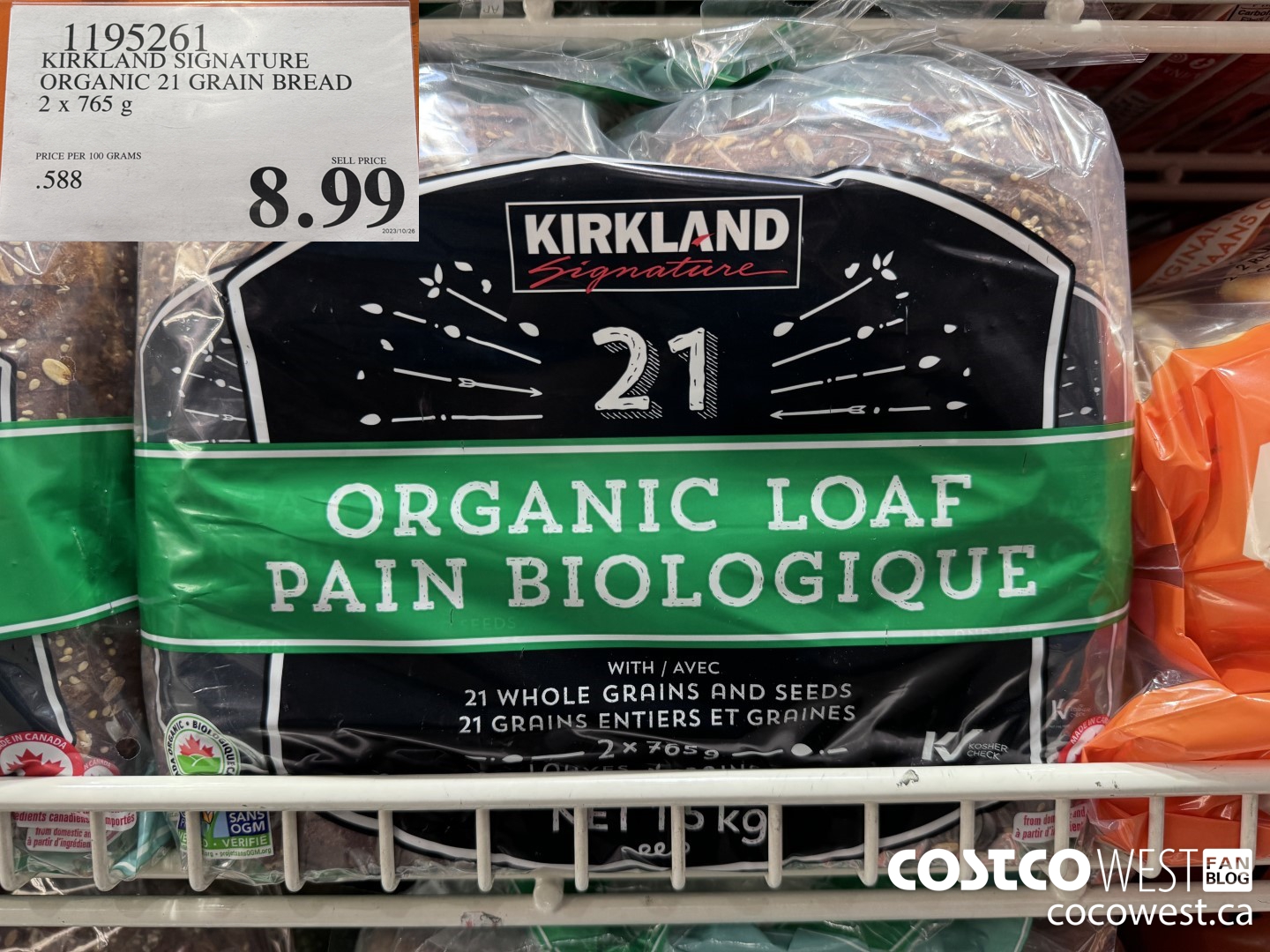 1195261 KIRKLAND SIGNATURE ORGANIC 21 GRAIN BREAD 2 x 765 g $8.99