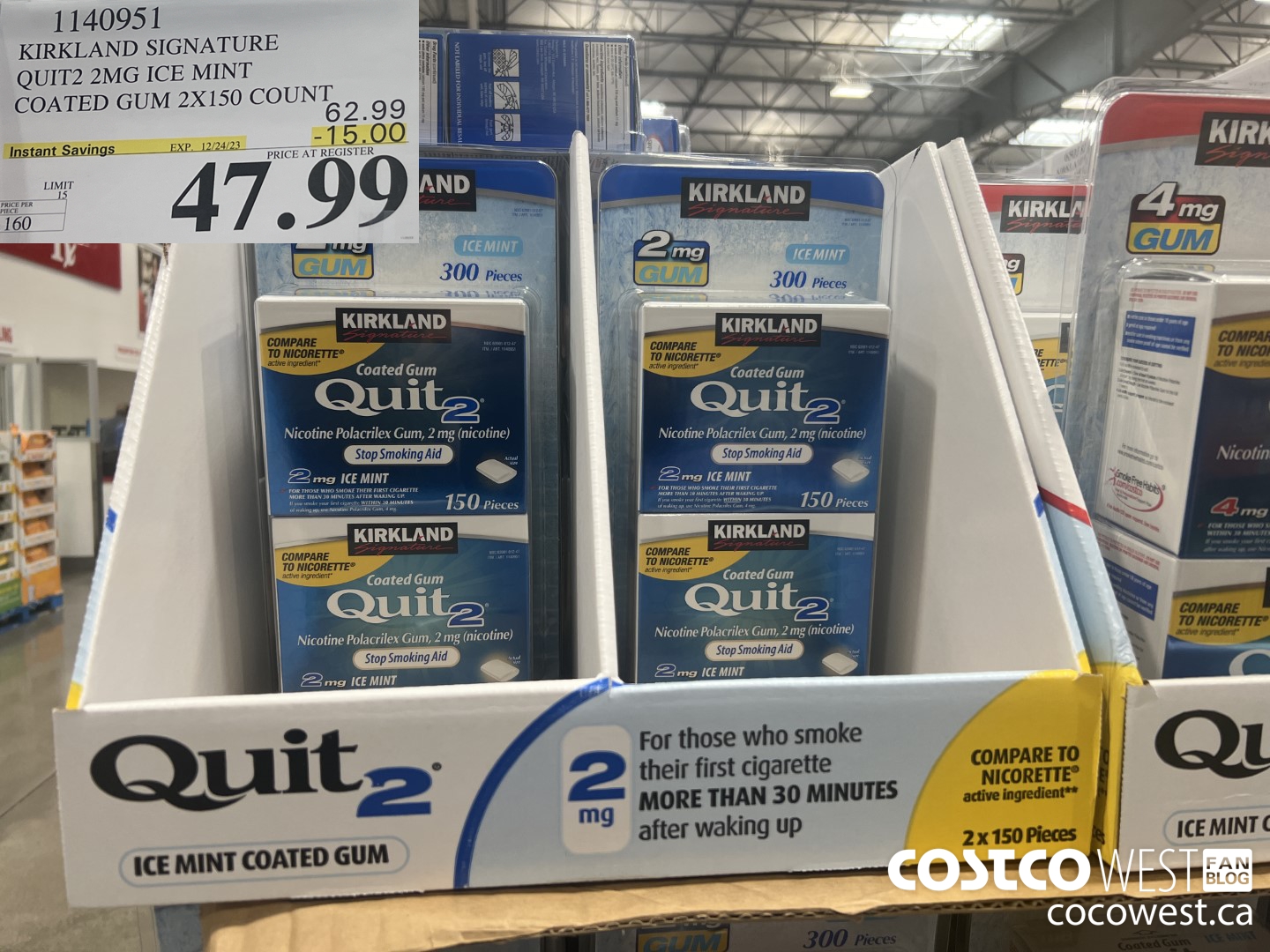 1140951 KIRKLAND SIGNATURE QUIT2 2MG ICE MINT COATED GUM 2X150 COUNT ($15.00 INSTANT SAVINGS EXPIRES ON 2023-12-24) $47.99