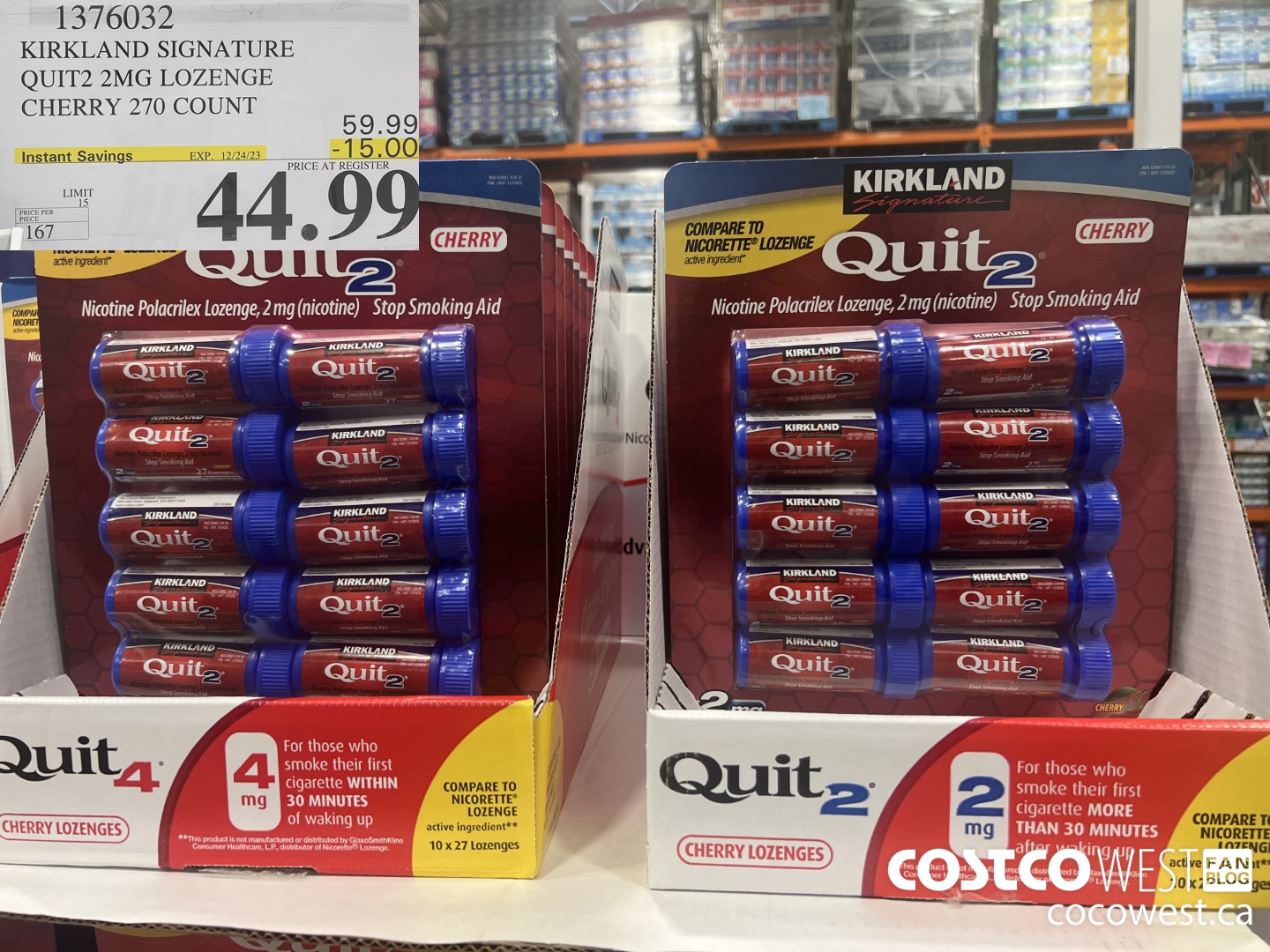1376032 KIRKLAND SIGNATURE QUIT2 2MG LOZENGE CHERRY 270 COUNT ($15.00 INSTANT SAVINGS EXPIRES ON 2023-12-24) $44.99
