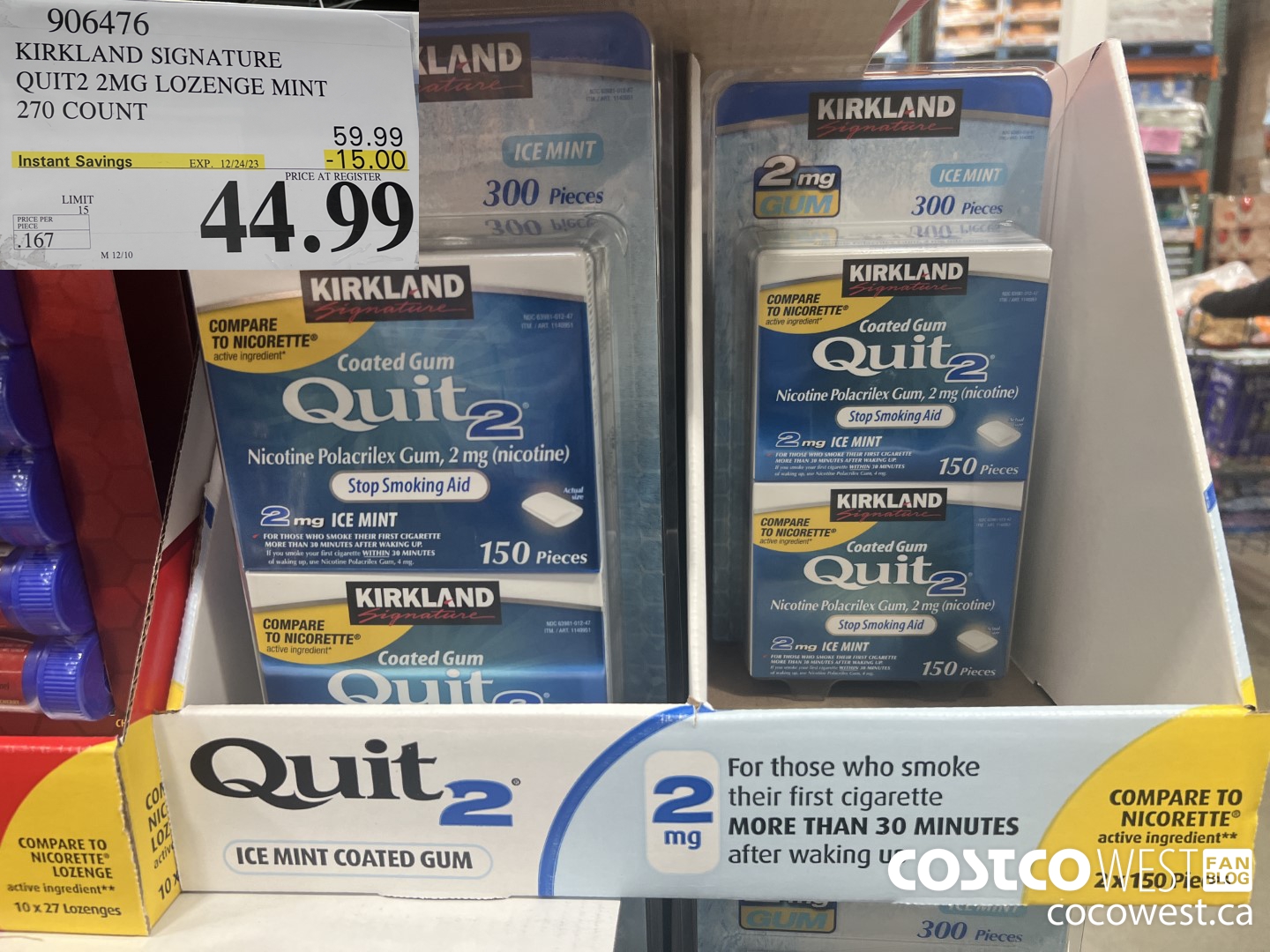 906476 KIRKLAND SIGNATURE QUIT2 2MG LOZENGE MINT 270 COUNT ($15.00 INSTANT SAVINGS EXPIRES ON 2023-12-24) $44.99