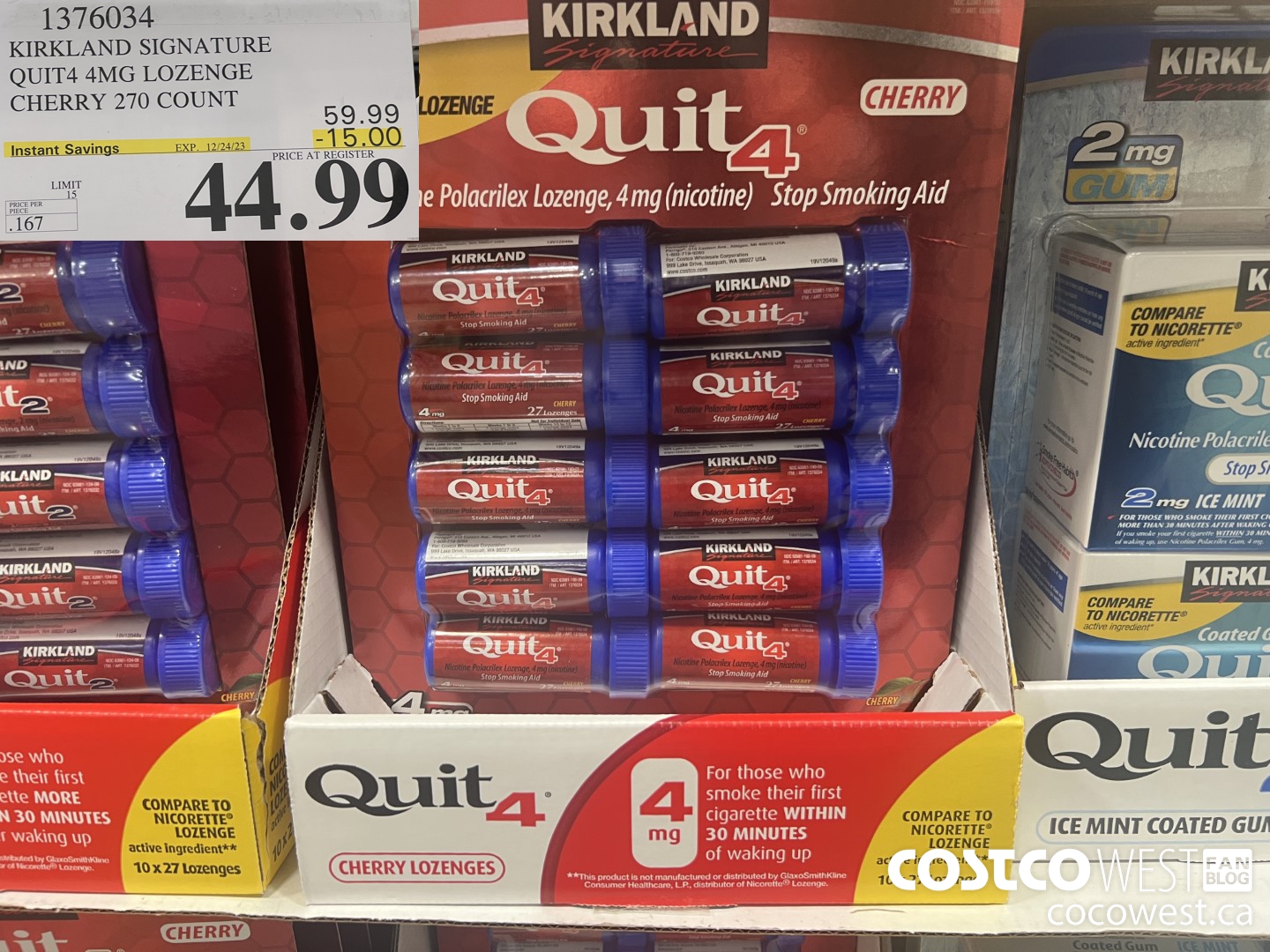 1376034 KIRKLAND SIGNATURE QUIT4 4MG LOZENGE CHERRY 270 COUNT ($15.00 INSTANT SAVINGS EXPIRES ON 2023-12-24) $44.99