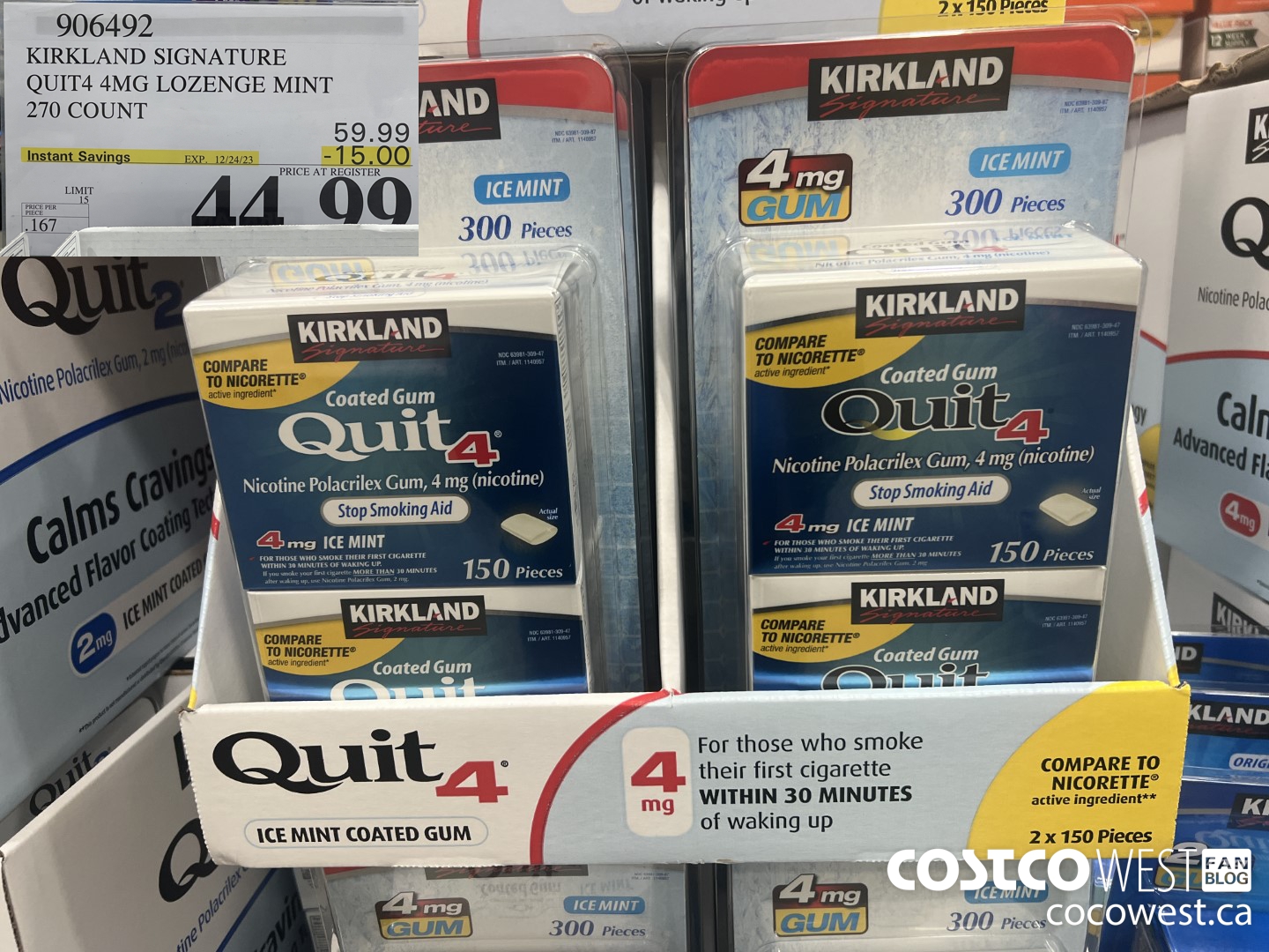 906492 KIRKLAND SIGNATURE QUIT4 4MG LOZENGE MINT 270 COUNT ($15.00 INSTANT SAVINGS EXPIRES ON 2023-12-24) $44.99
