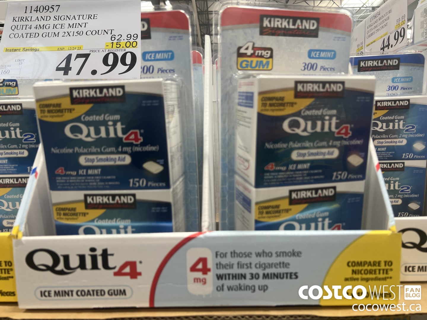 1140957 KIRKLAND SIGNATURE QUIT4 4MG MINT COATED GUM 2X150 COUNT ($15.00 INSTANT SAVINGS EXPIRES ON 2023-12-24) $47.99