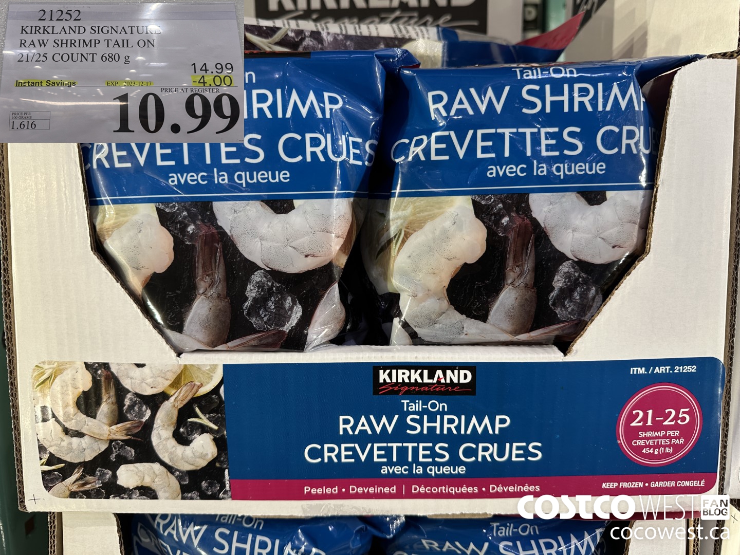 21252 KIRKLAND SIGNATURE RAW SHRIMP TAIL ON 21/25 COUNT 680 g ($4.00 INSTANT SAVINGS EXPIRES ON 2023-12-17) $10.99