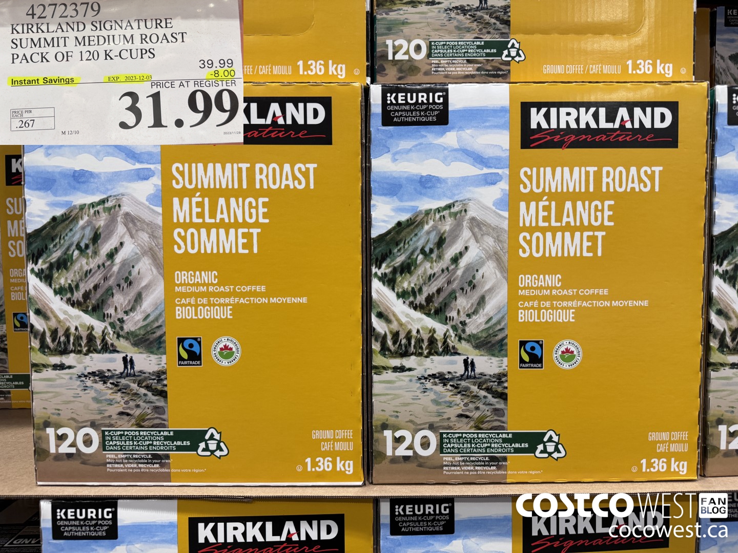 4272379 KIRKLAND SIGNATURE SUMMIT MEDIUM ROAST PACK OF 120 K-CUPS ($8.00 INSTANT SAVINGS EXPIRES ON 2023-12-03) $31.99