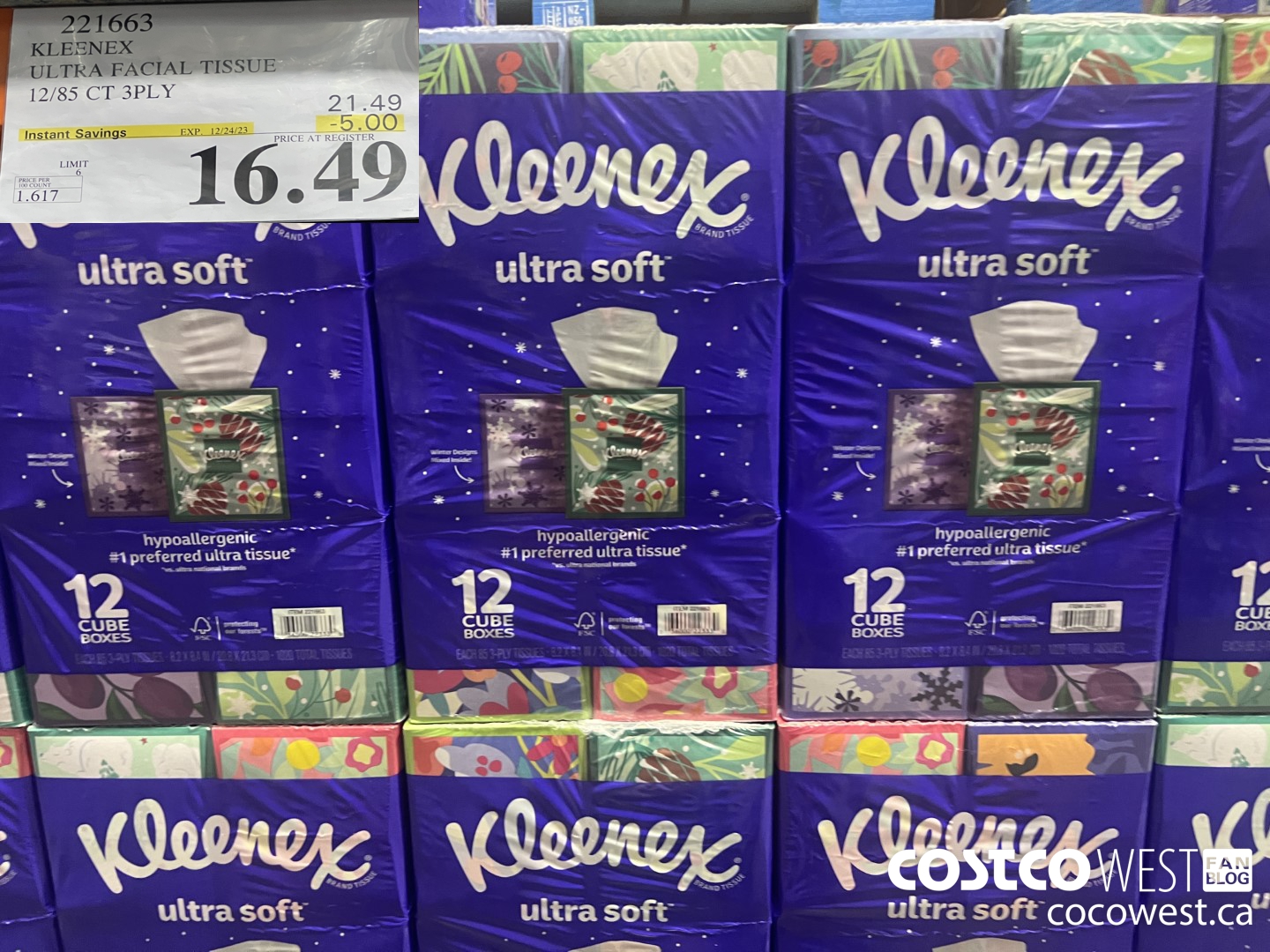221663 KLEENEX ULTRA FACIAL TISSUE 12/85 CT 3PLY ($5.00 INSTANT SAVINGS EXPIRES ON 2023-12-24) $16.49
