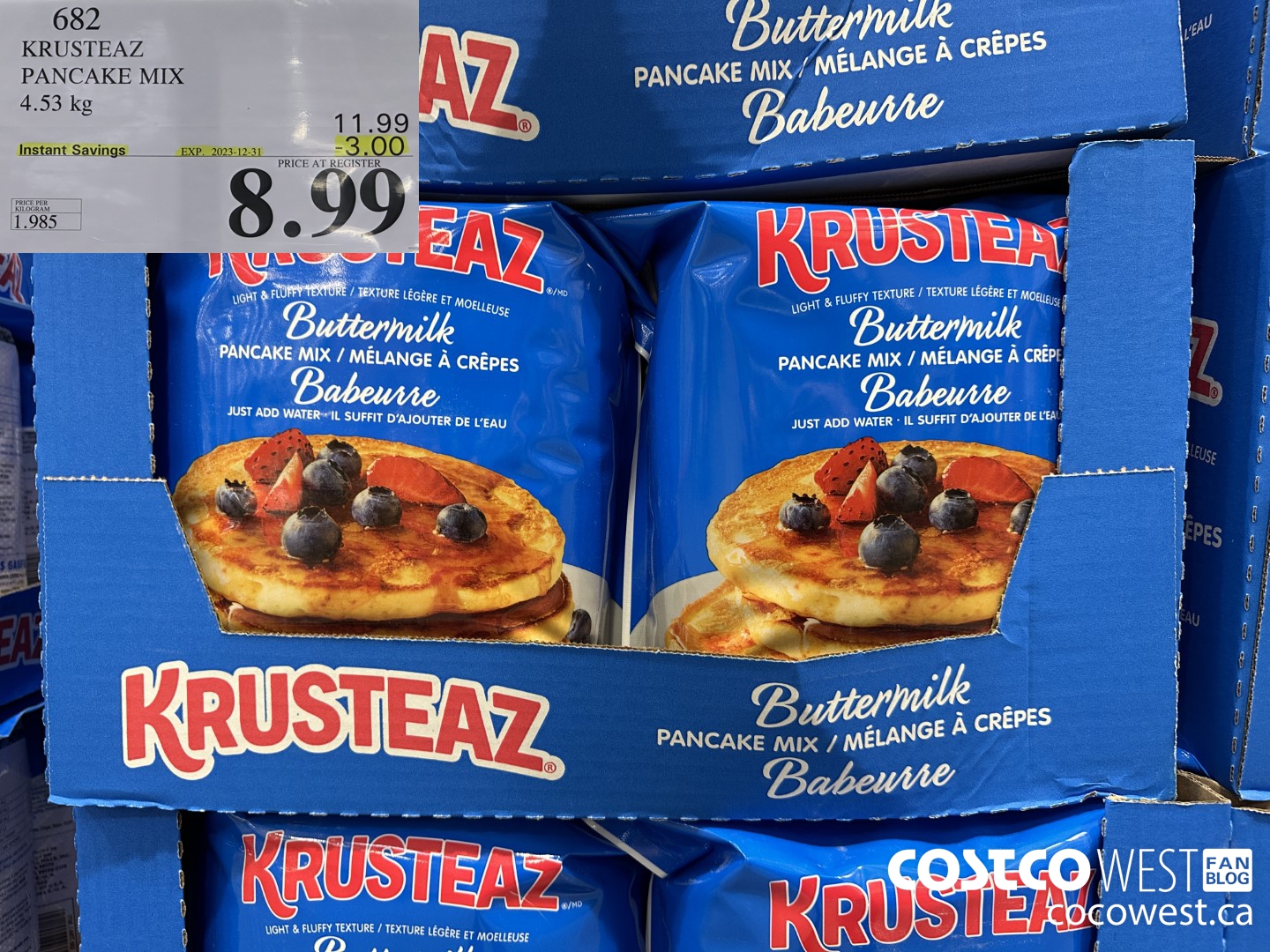 682 KRUSTEAZ PANCAKE MIX 4.53 kg ($3.00 INSTANT SAVINGS EXPIRES ON 2023-12-31) $8.99