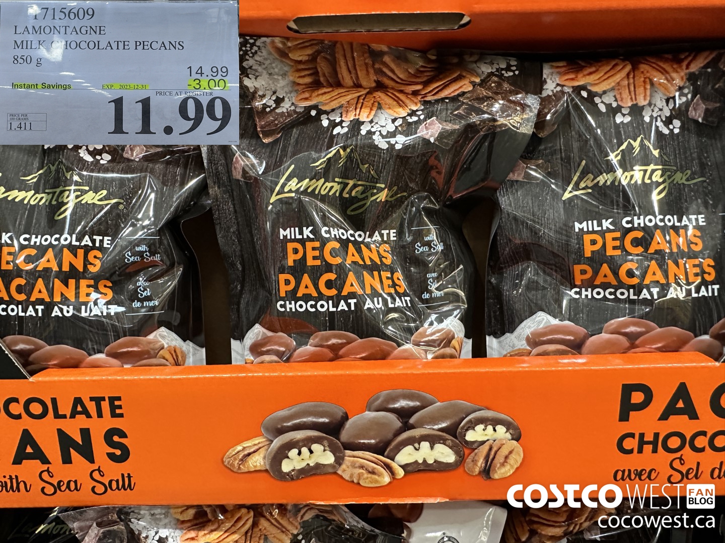 1715609 LAMONTAGNE MILK CHOCOLATE PECANS 850 G ($3.00 INSTANT SAVINGS EXPIRES ON 2023-12-31) $11.99