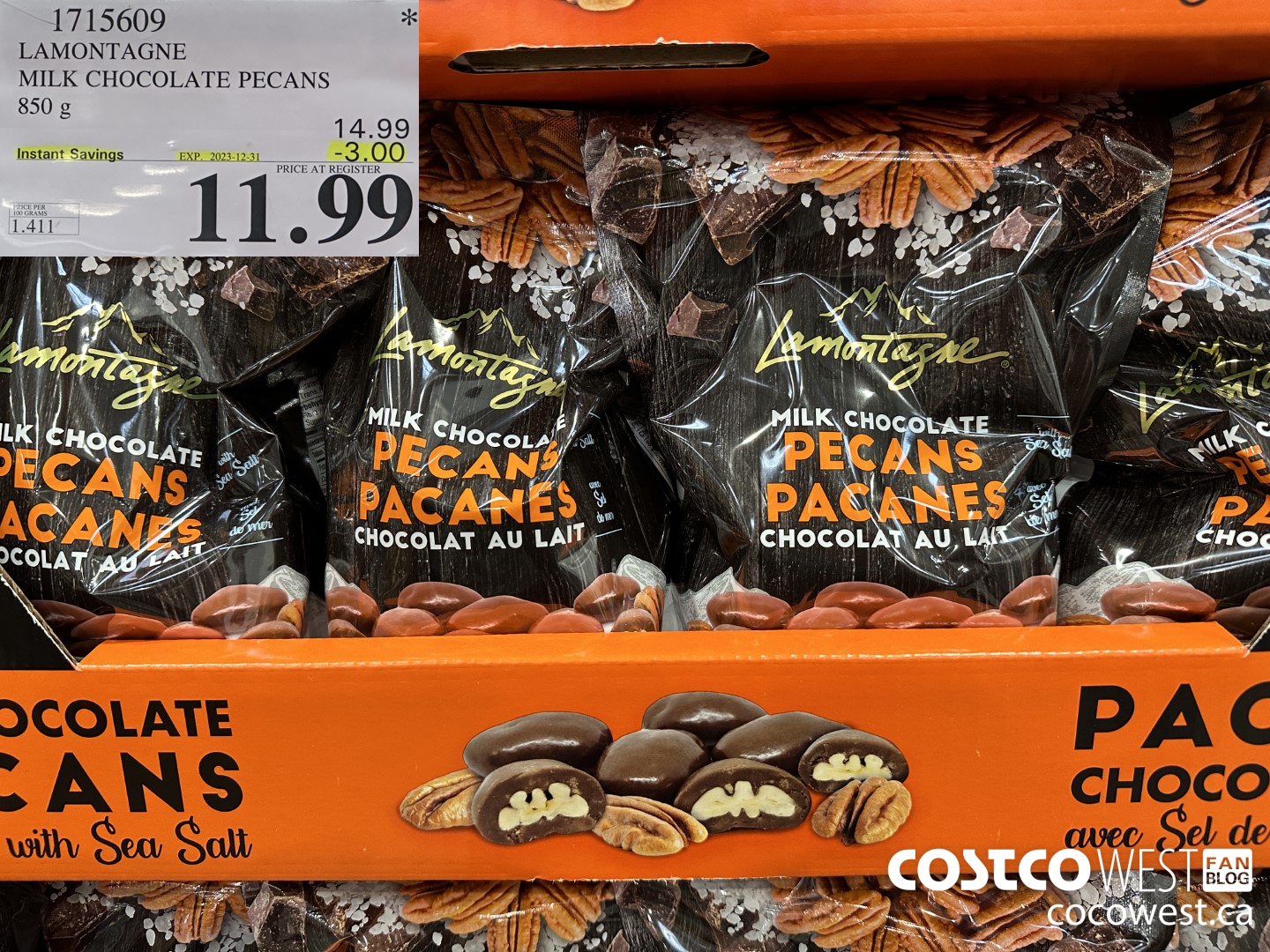 1715609 LAMONTAGNE MILK CHOCOLATE PECANS 850 G ($3.00 INSTANT SAVINGS EXPIRES ON 2023-12-31) $11.99