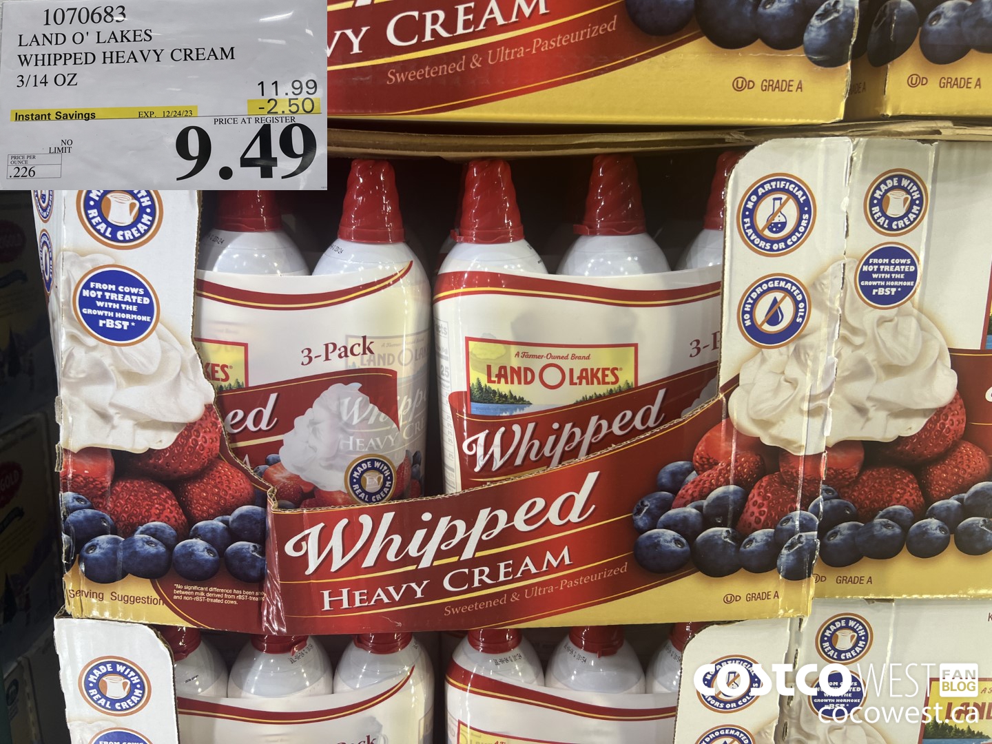 1070683 LAND O' LAKES WHIPPED HEAVY CREAM 3/14 OZ ($2.50 INSTANT SAVINGS EXPIRES ON 2023-12-24) $9.49