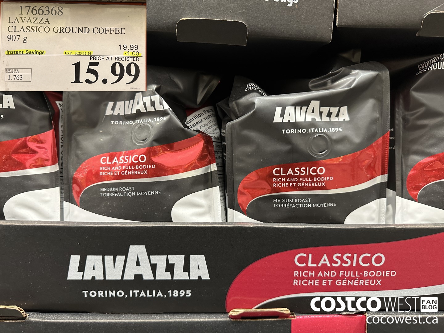 1766368 LAVAZZA CLASSICO GROUND COFFEE 907G ($4.00 INSTANT SAVINGS EXPIRES ON 2023-12-24) $15.99