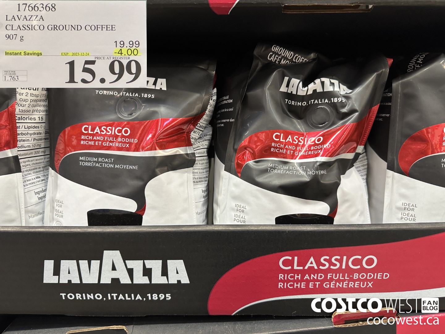 1766368 LAVAZZA CLASSICO GROUND COFFEE 907G ($4.00 INSTANT SAVINGS EXPIRES ON 2023-12-24) $15.99