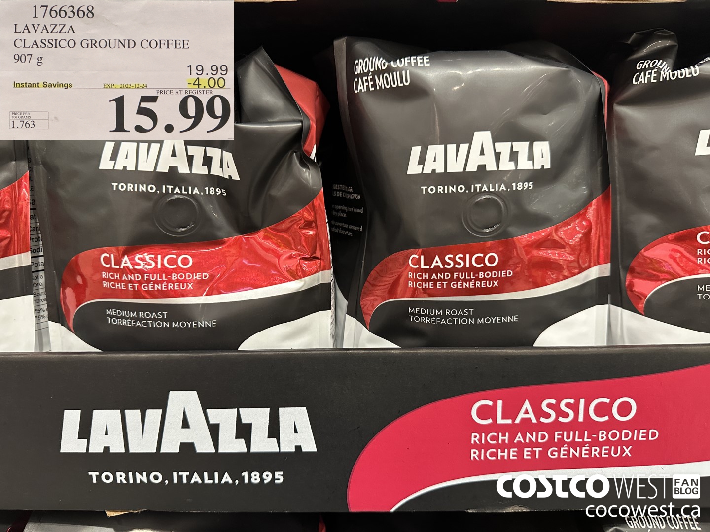 1766368 LAVAZZA CLASSICO GROUND COFFEE 907G ($4.00 INSTANT SAVINGS EXPIRES ON 2023-12-24) $15.99
