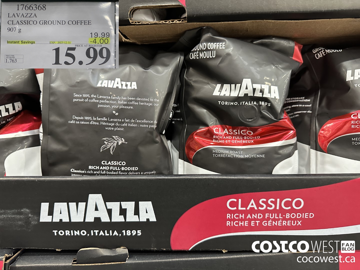 1766368 LAVAZZA CLASSICO GROUND COFFEE 907G ($4.00 INSTANT SAVINGS EXPIRES ON 2023-12-31) $15.99