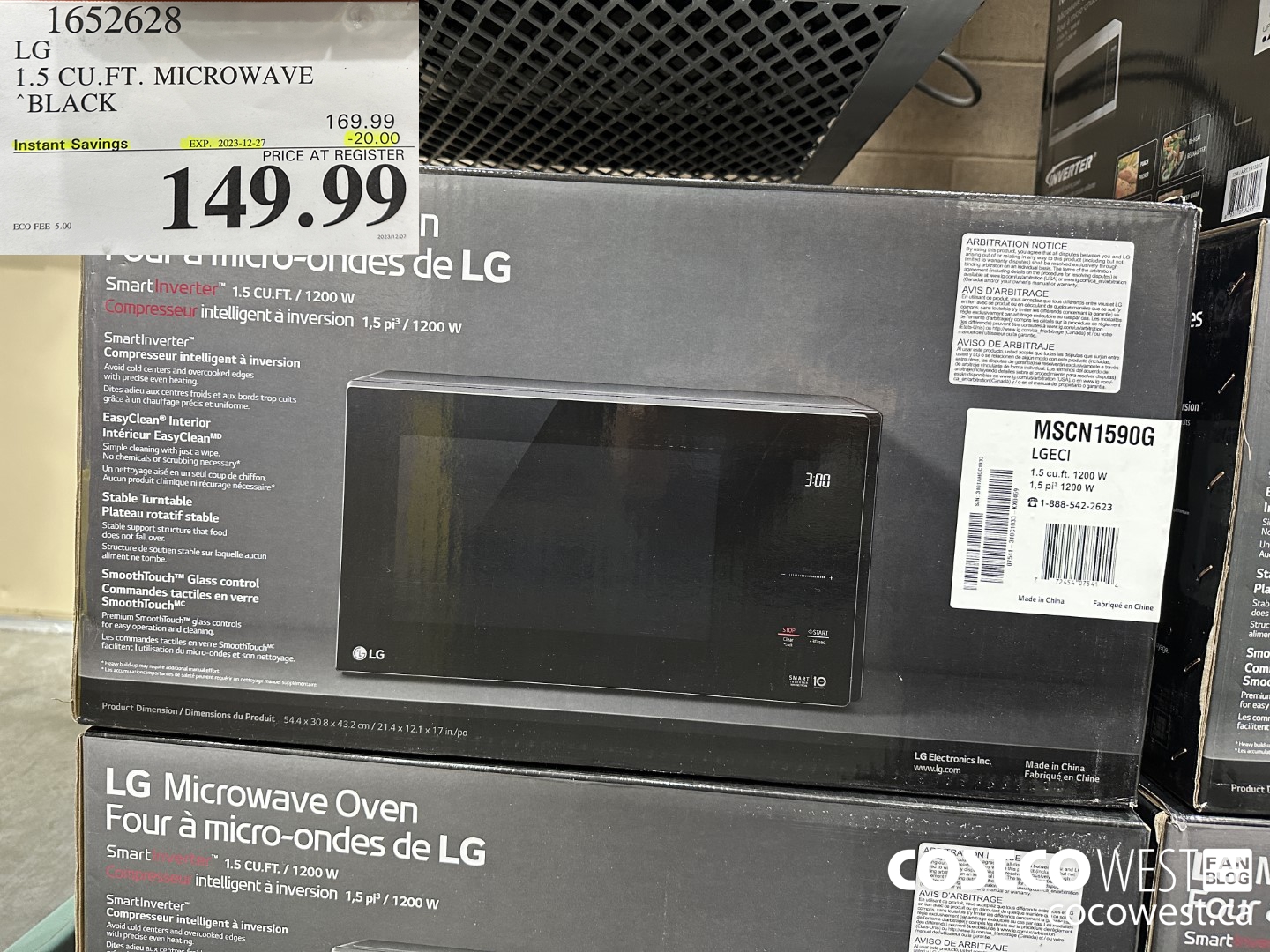 1652628 LG 1.5 CU. FT. MICROWAVE BLACK ($20.00 INSTANT SAVINGS EXPIRES ON 2023-12-27) $149.99
