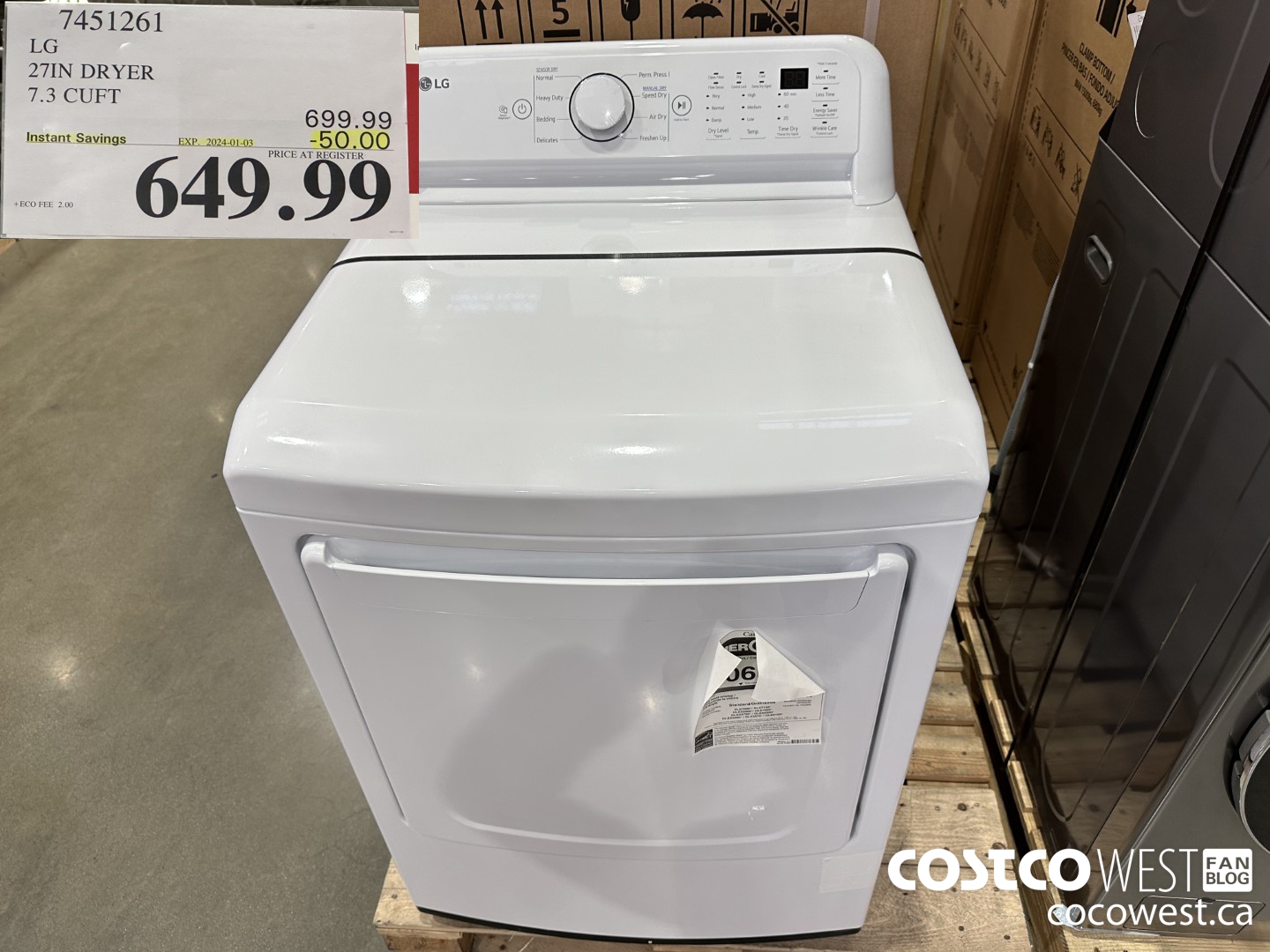 7451261 LG 27IN 7.3 CU. FT DRYER ($50.00 INSTANT SAVINGS EXPIRES ON 2024-01-03) $649.99